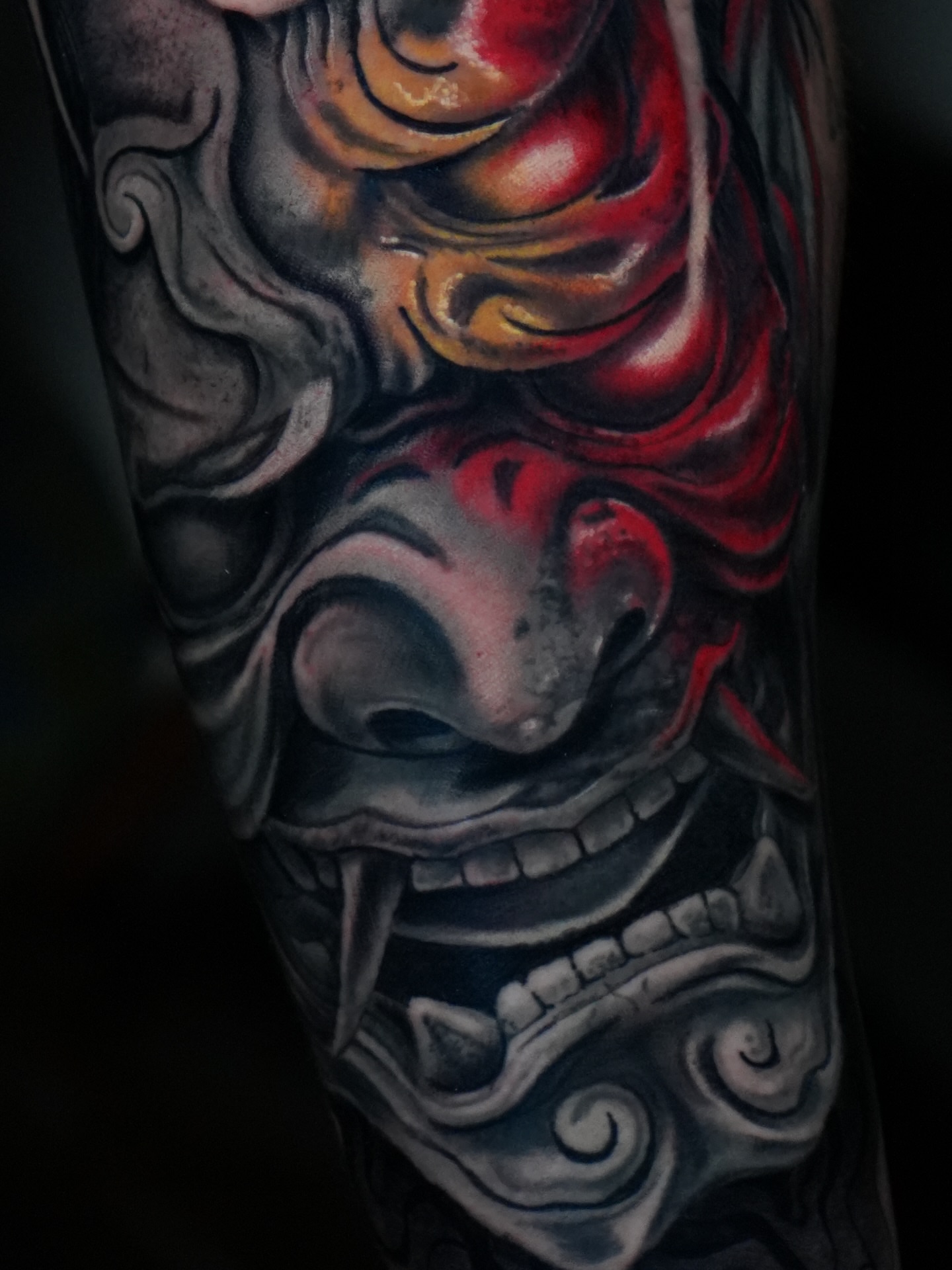 Demon mask dark realism tattoo on the forearm by Drex - Dallas Tattoo Artist