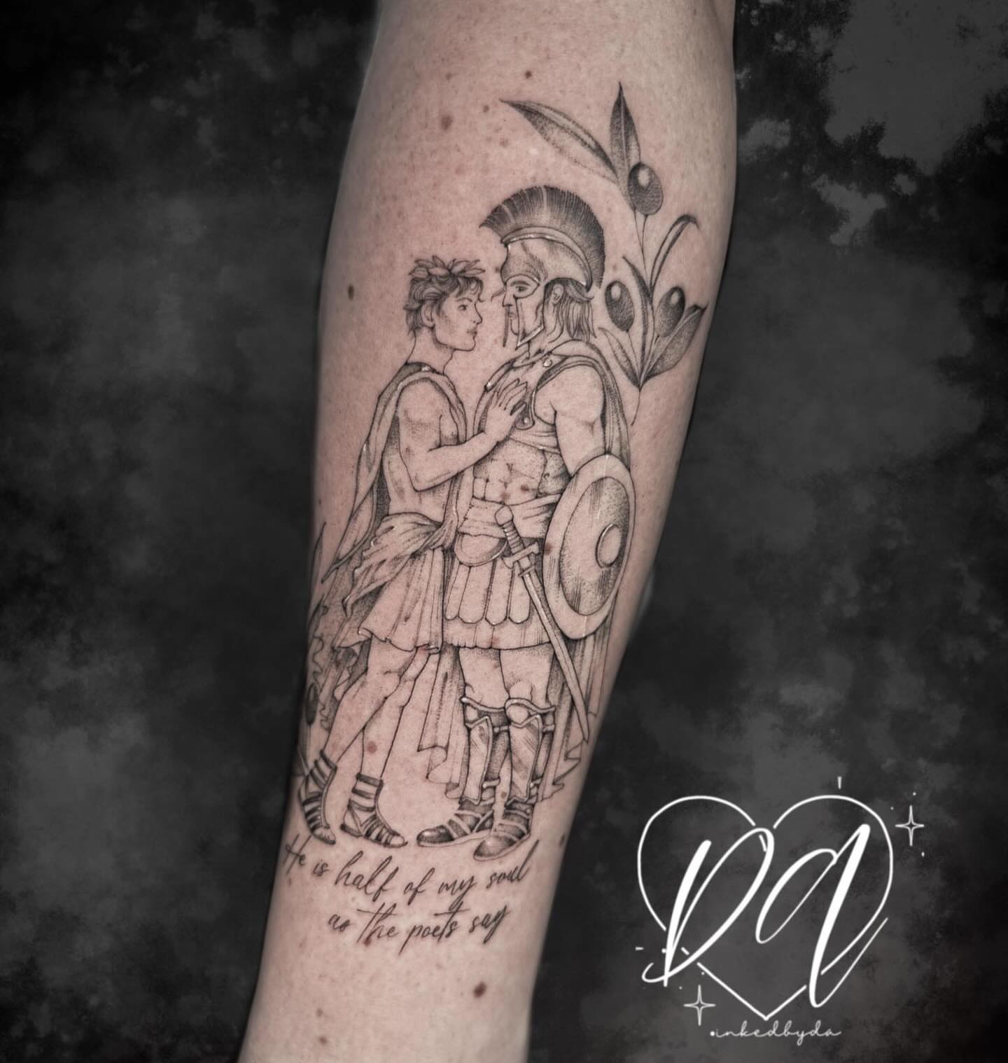 Romantic scene realism tattoo on the forearm by Dalton Alexandria