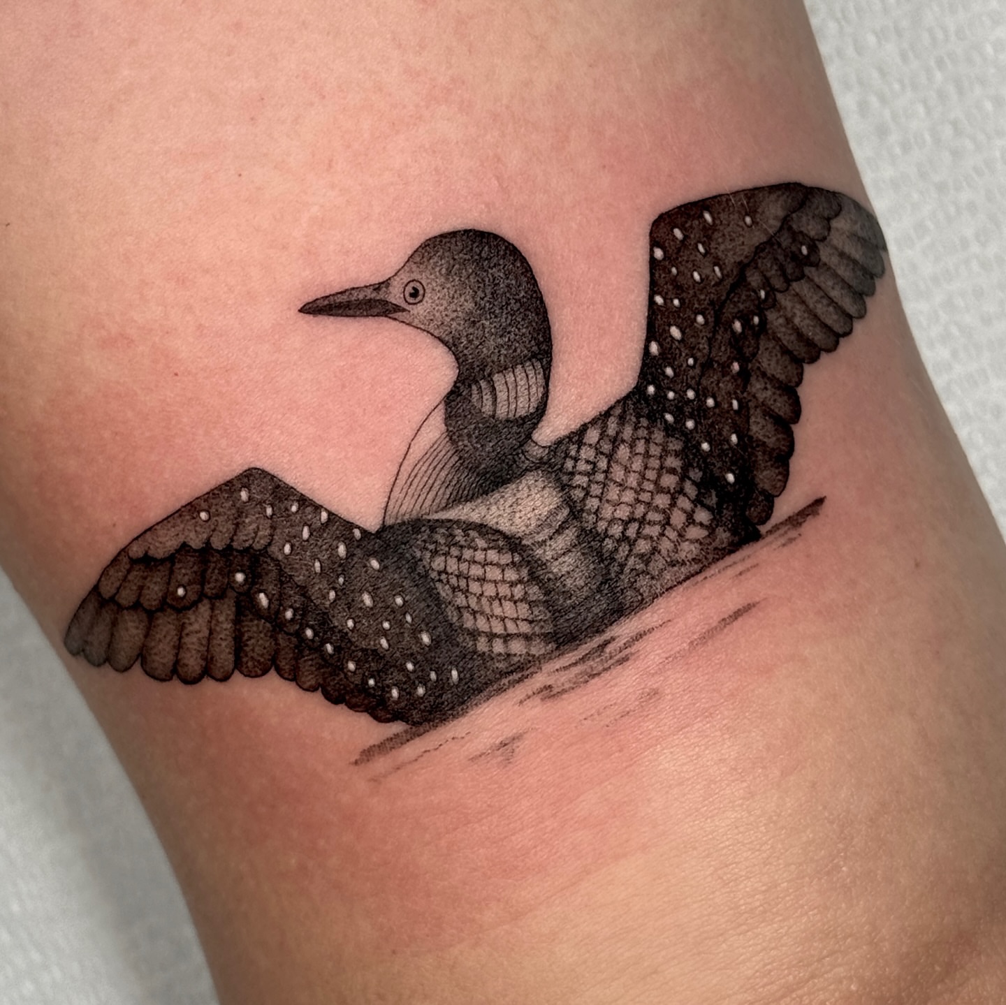 Loon dotwork tattoo on the thigh by Molly Murray