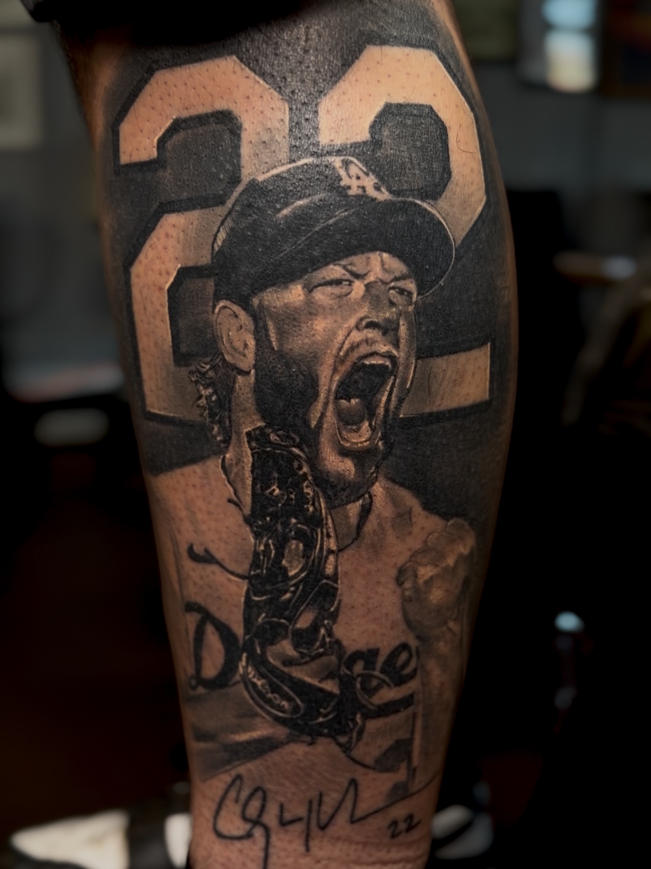 Baseball player realism tattoo on the forearm by Raul Rodriguez