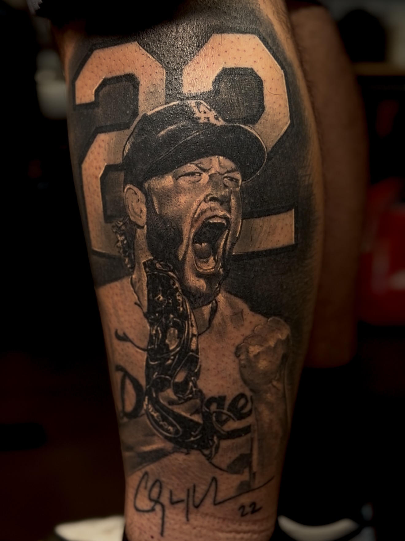 Baseball player realism tattoo on the forearm by Raul Rodriguez
