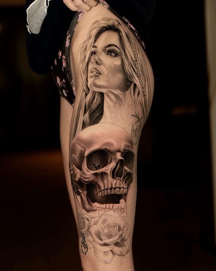 Woman and skull realism tattoo by John Perez