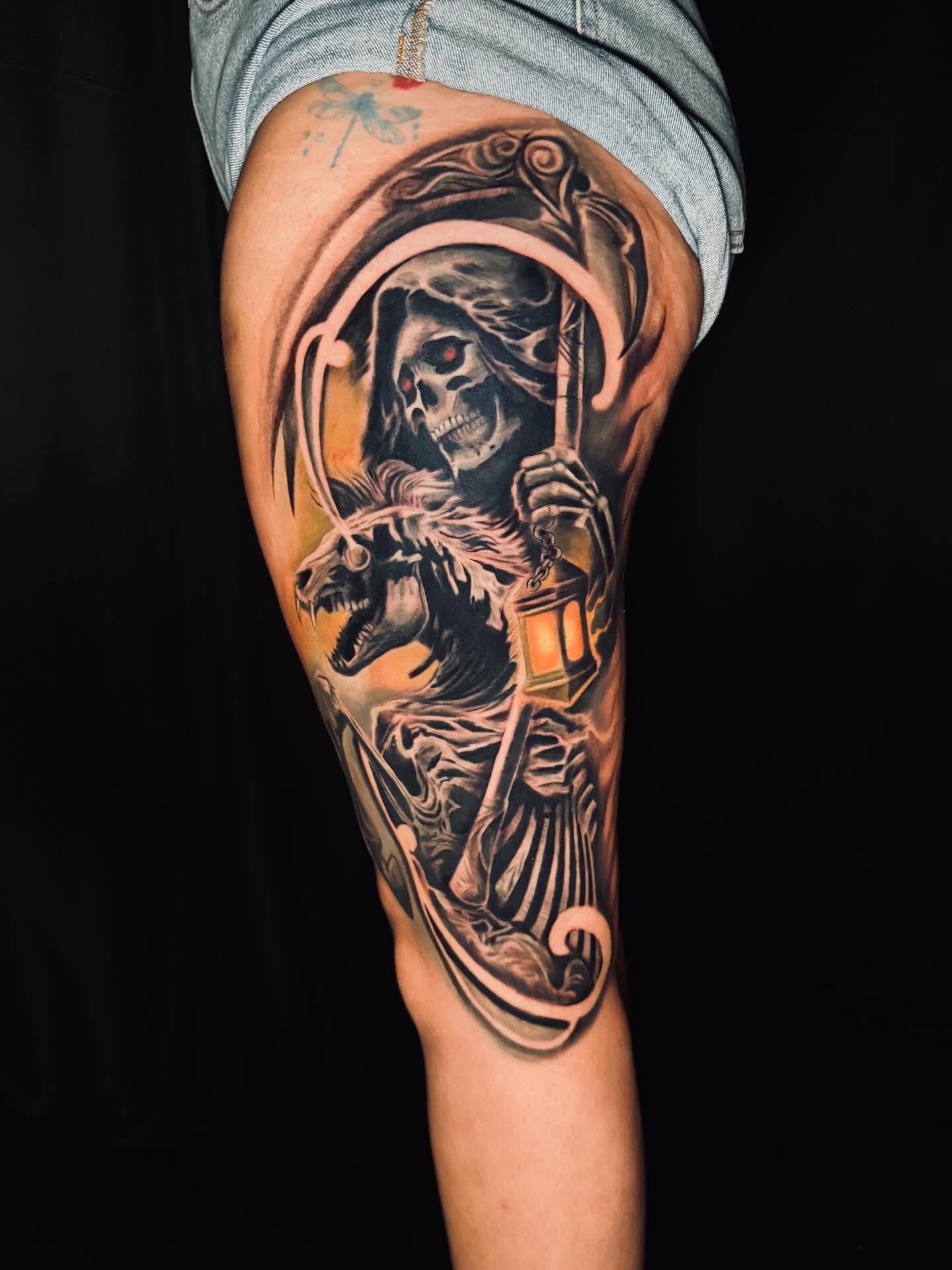 Grim reaper dark realism tattoo on the thigh by Levi Tattoo Artist, Utah