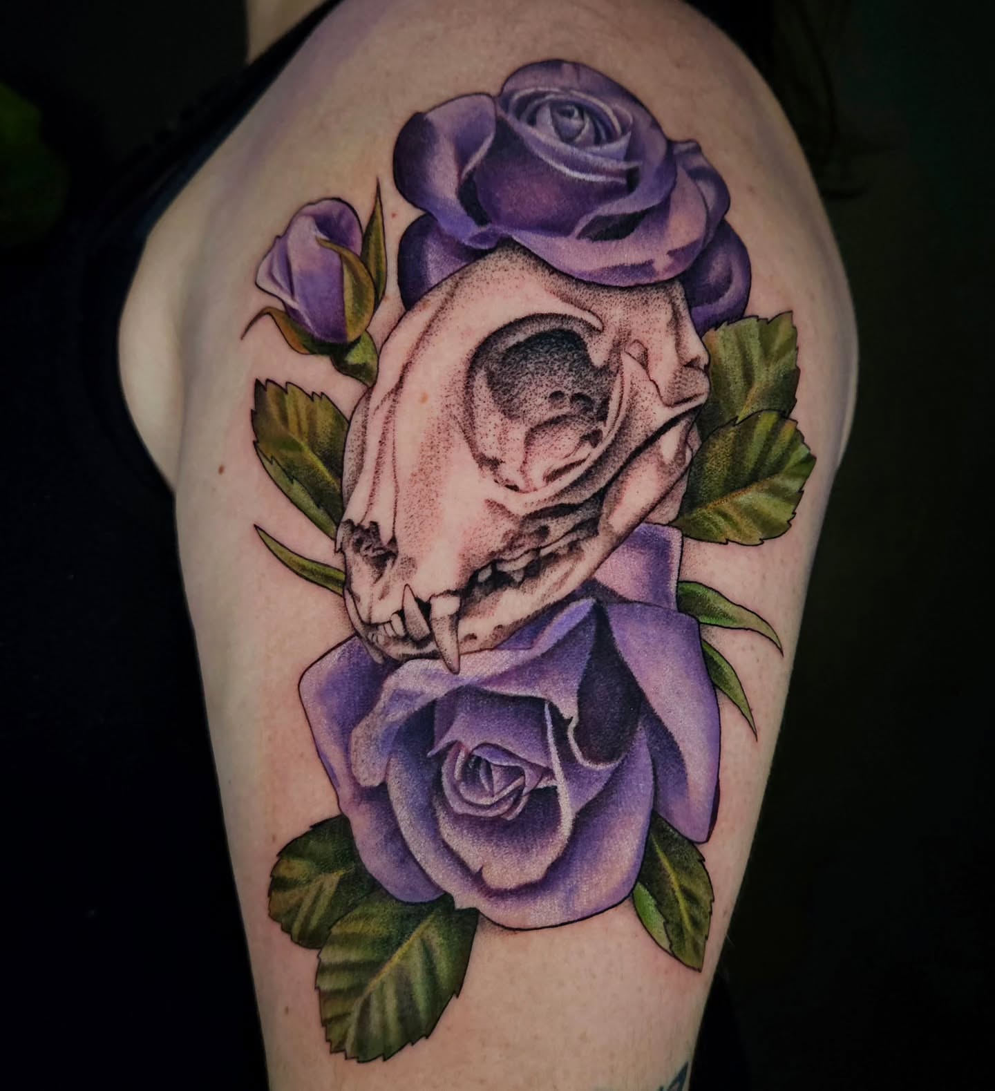 Skull and roses dotwork tattoo on the thigh by Chloe🌿Tattoos