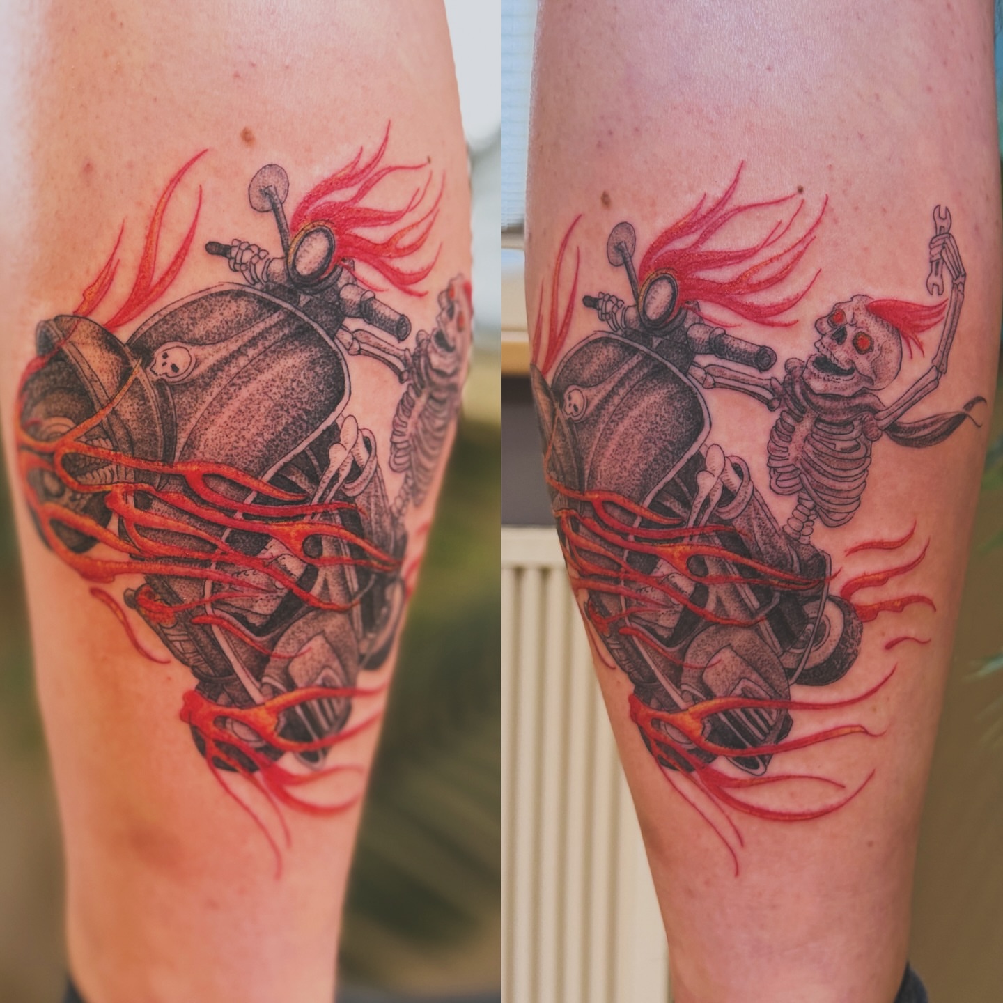 Motorcycle with skeleton rider dotwork tattoo on the forearm by Die Ivo, Bielefeld, Germany