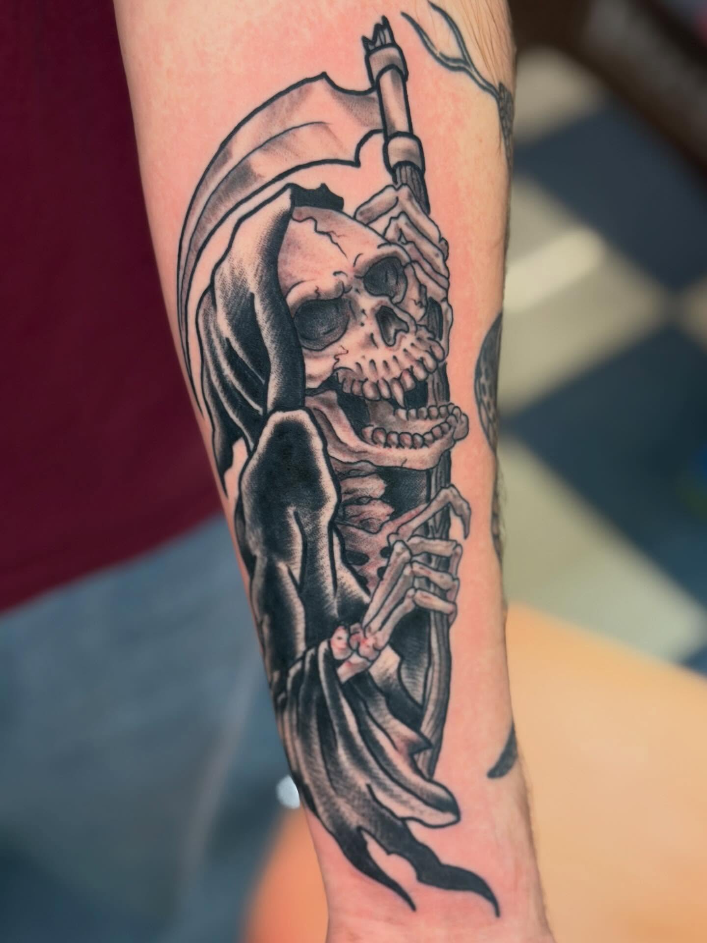 Grim reaper realism tattoo on the forearm by David Steed, Dallas, Texas