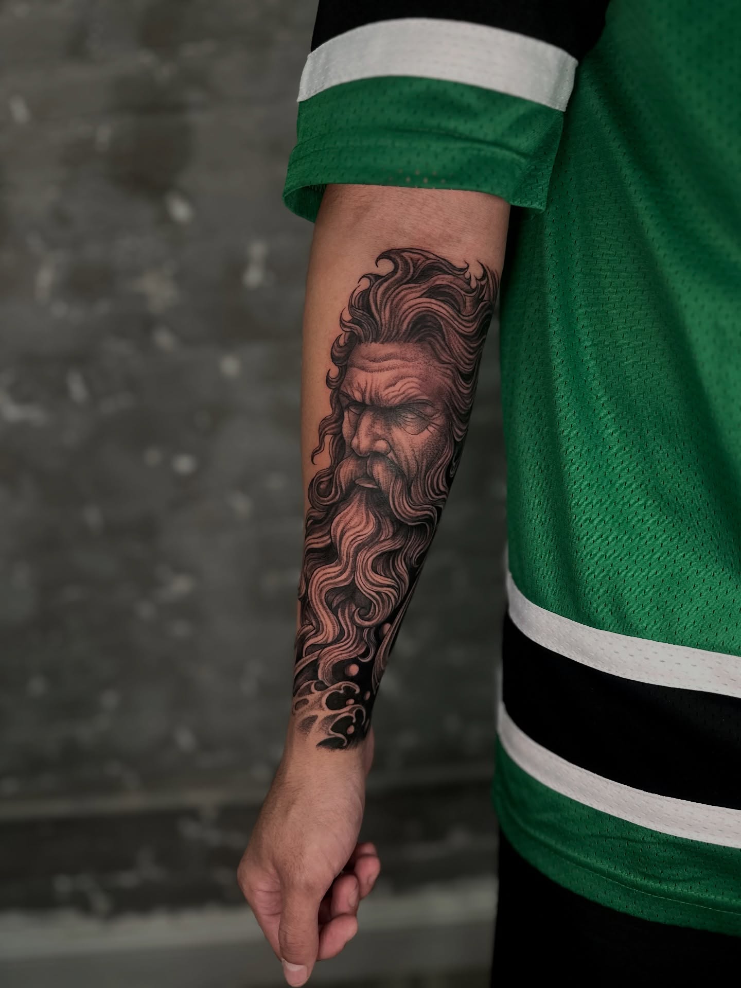 Bearded man realism tattoo on the forearm by Dayana✨
