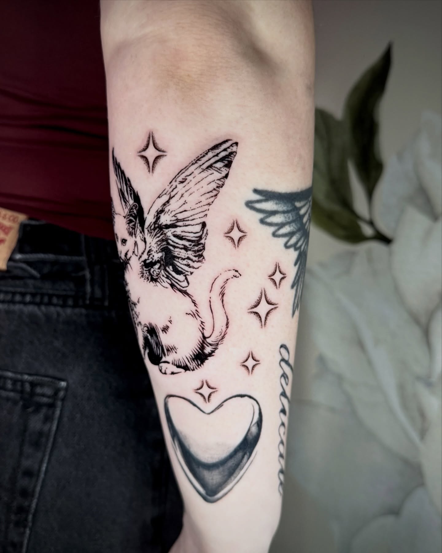 Wolf and stars realism tattoo on the forearm by Emily‹𝟹