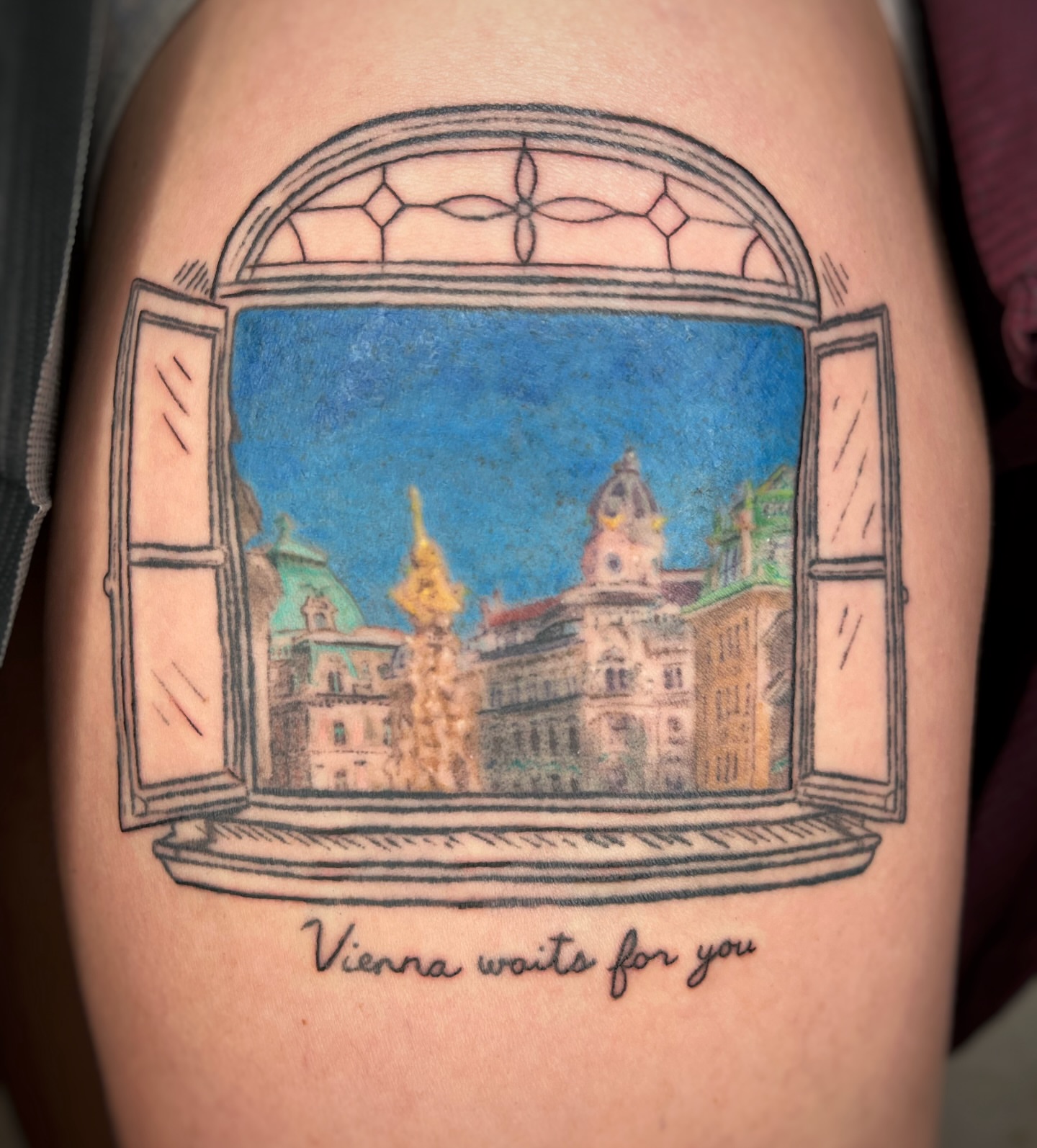 Vienna realism tattoo on the thigh by Maris Hare, Philadelphia, Pennsylvania