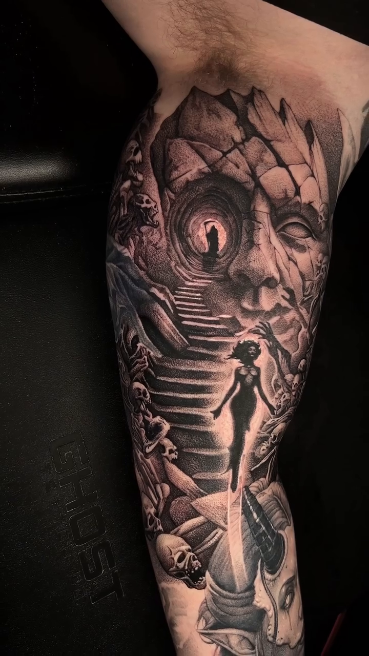 Tattoo by @jonnelson_tattoos — dark_realism, black_and_grey