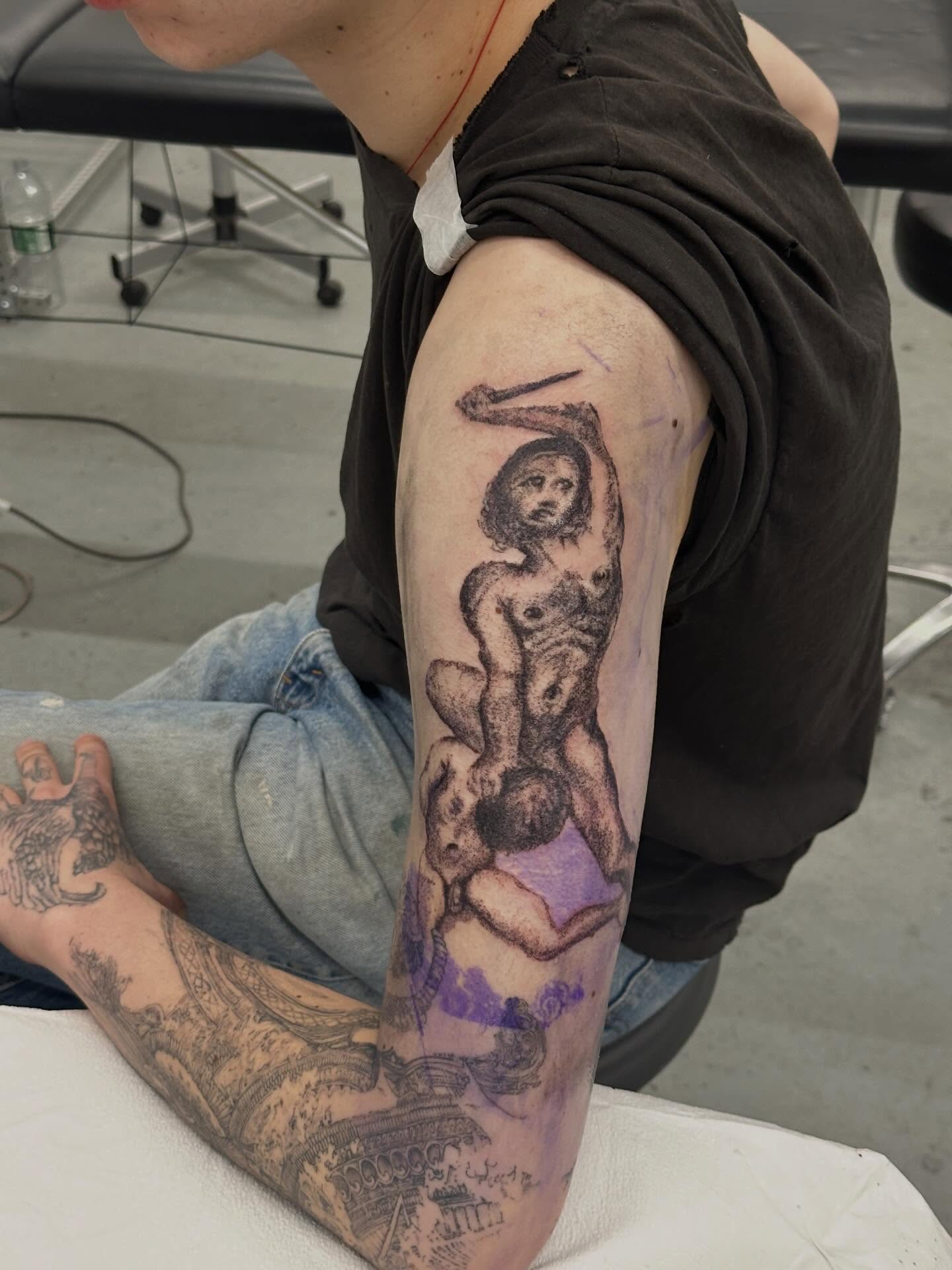 Man with sword black and grey tattoo on the forearm by Gregory Bramble Tattoo ๐ด๓ ง๓ ข๓ ฅ๓ ฎ๓ ง๓ ฟ