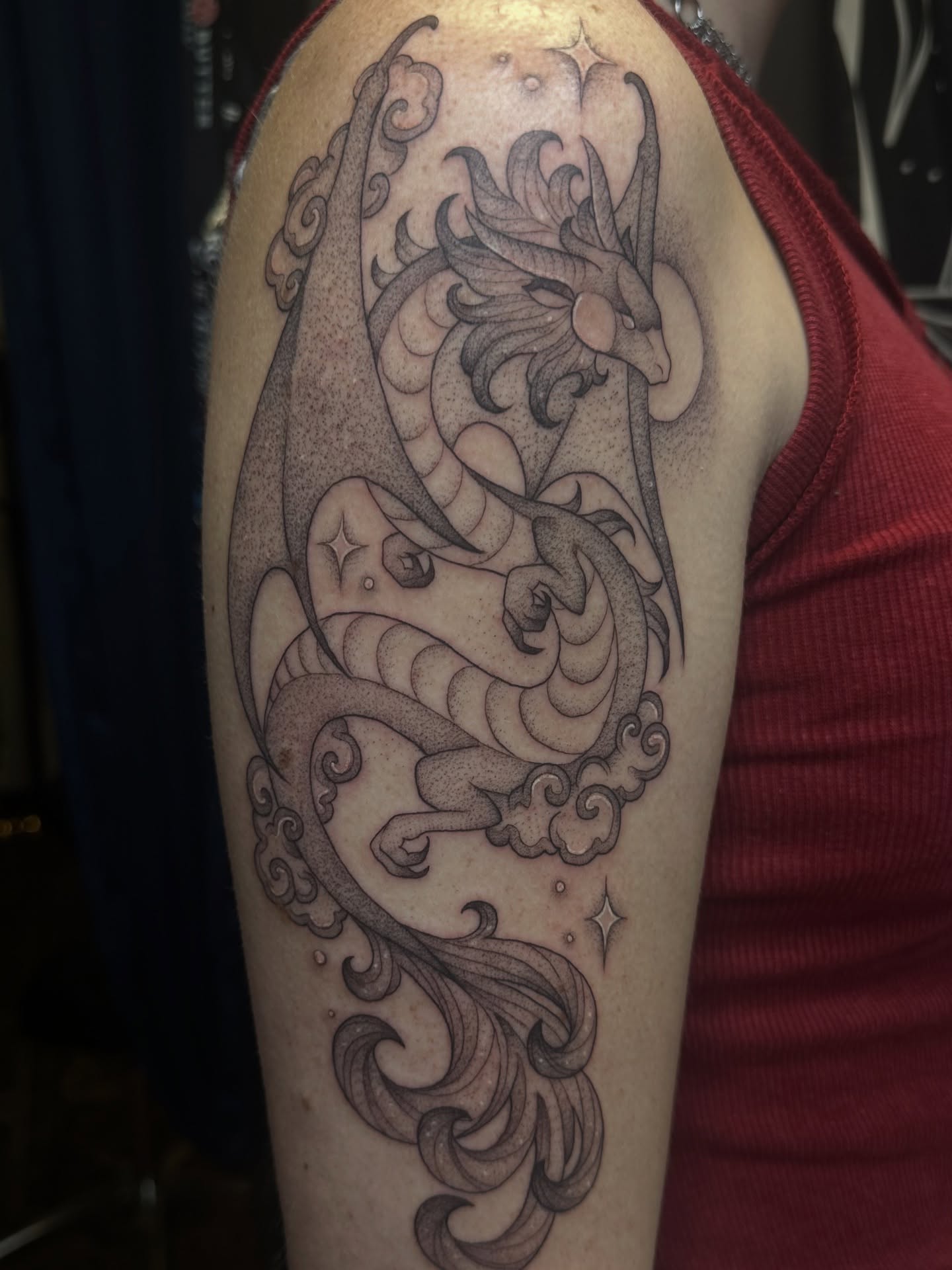 Tattoo by @tiffany.btattoos — dotwork, black_and_grey