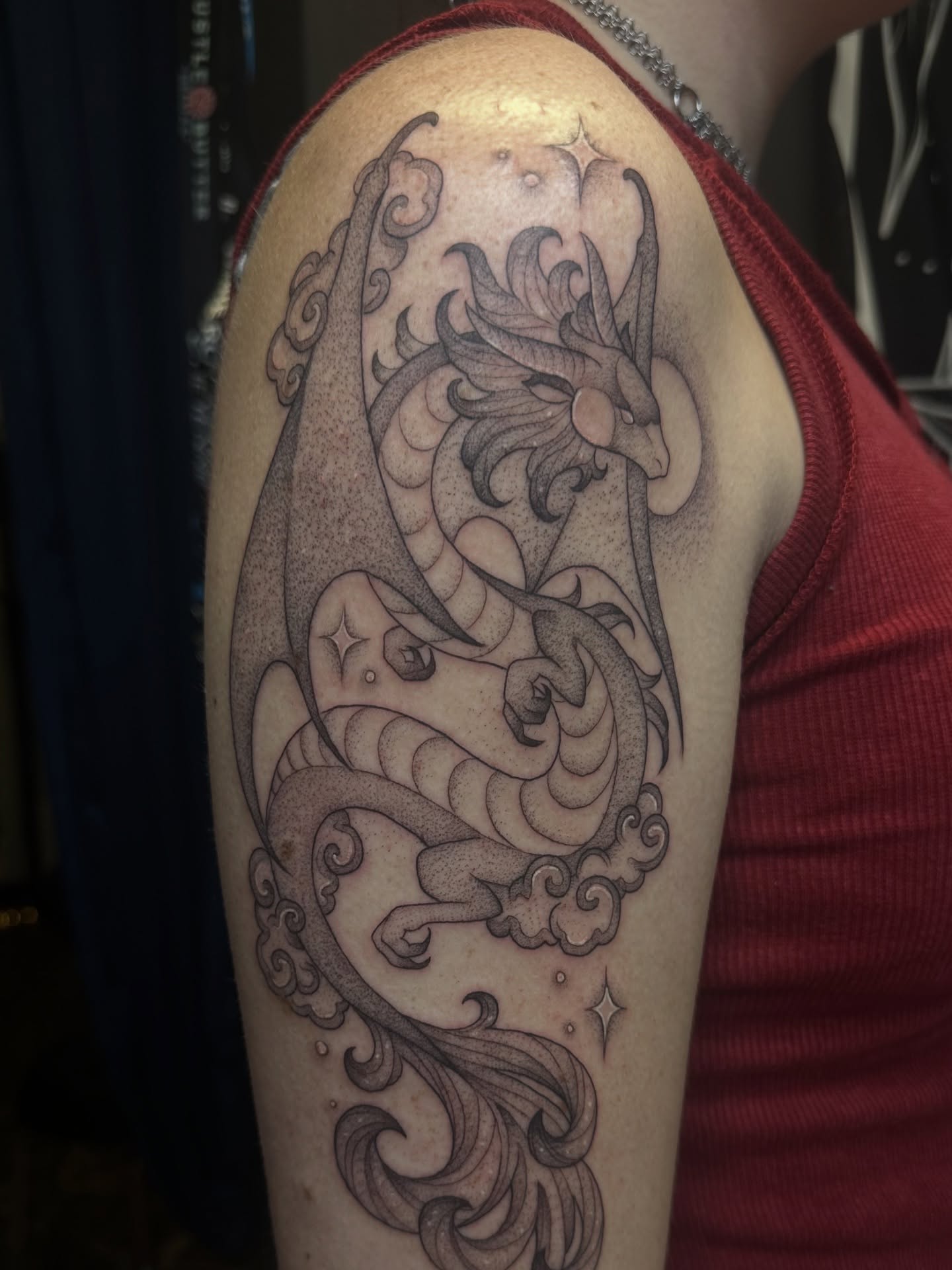 Dragon dotwork tattoo on the shoulder by Tiffany ✿ Tattoo Artist