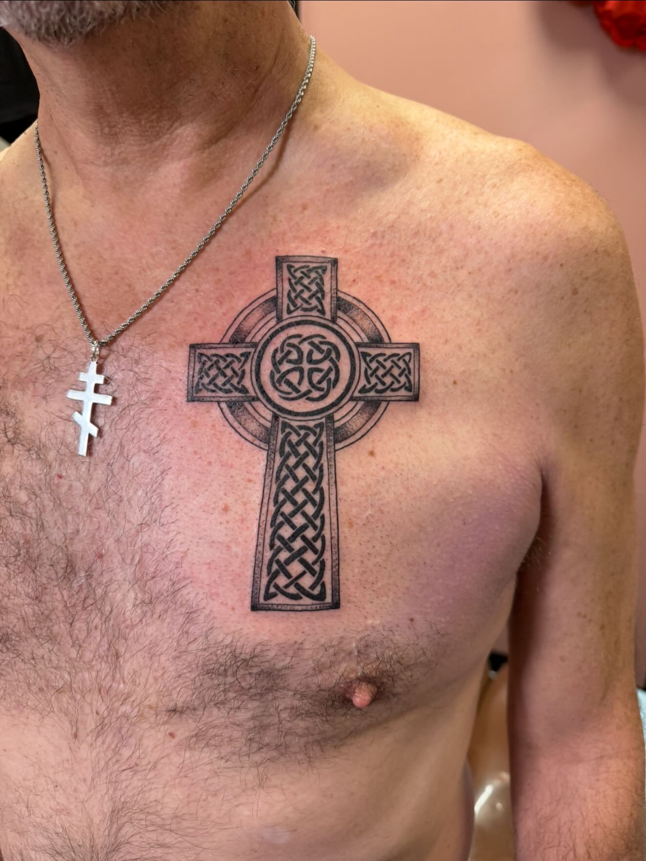 Celtic cross black and grey tattoo on the chest by Jennylee Aerts, Asbury Park, New Jersey