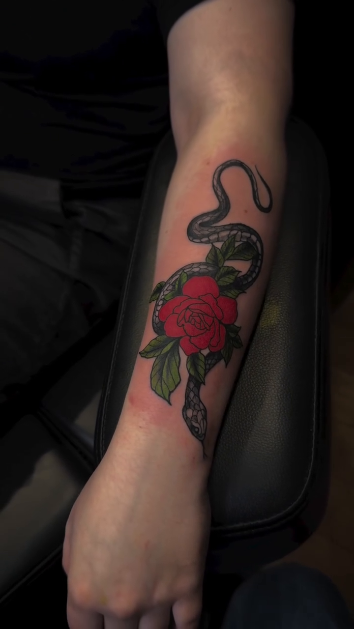 Snake and rose neo-traditional tattoo by Joe Khay, Hackettstown, New Jersey