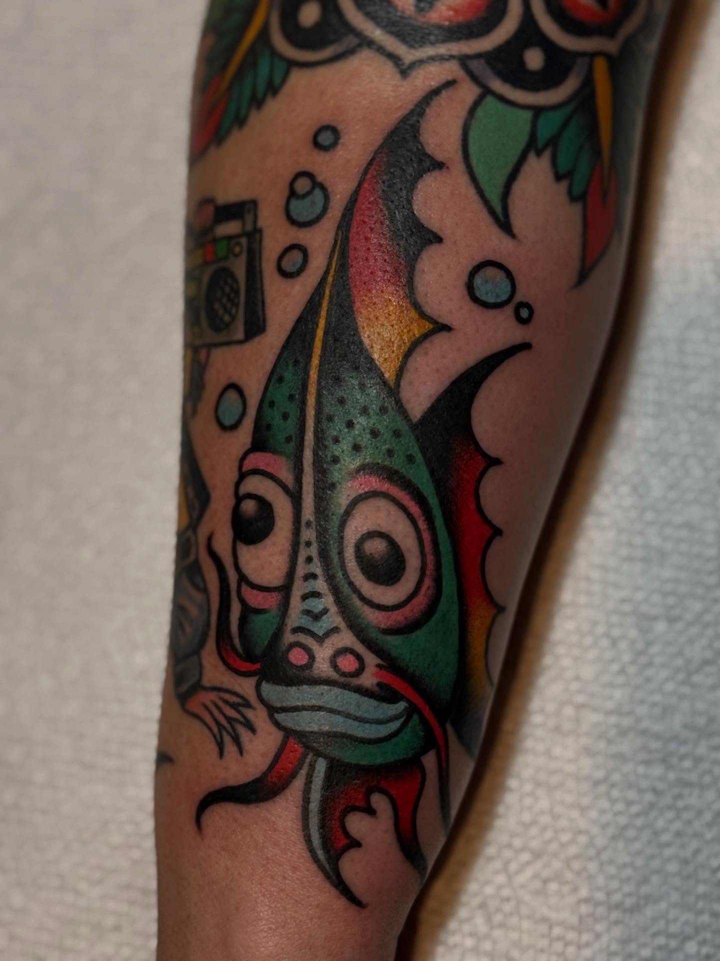 Fish American traditional tattoo on the forearm by San Diego tattoo artist