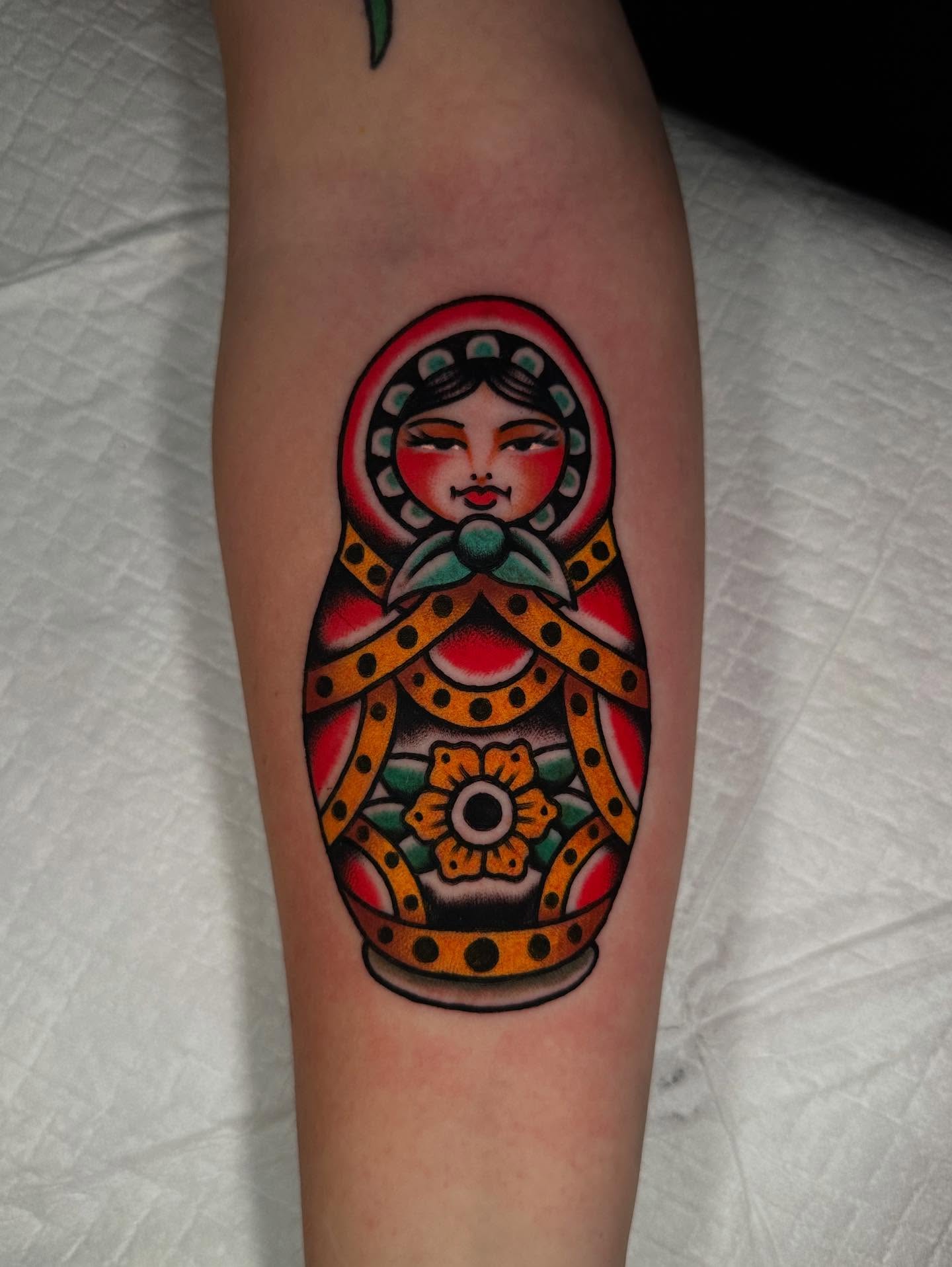 Matryoshka doll American traditional tattoo on the forearm by Alex Finnerty, Reading, Massachusetts