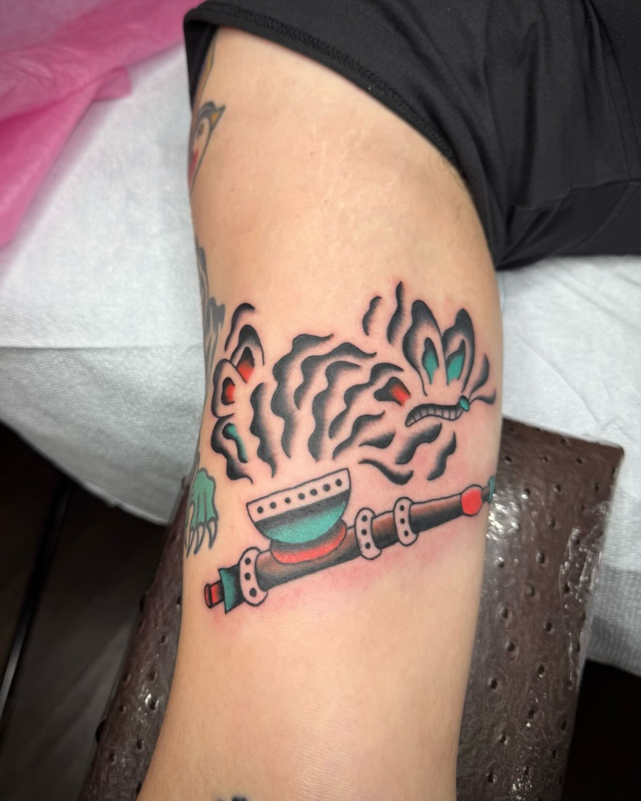 Smoking pipe American traditional tattoo on the forearm by kalli berry