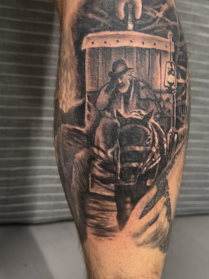 Tattoo by @strikt — black_and_grey, realism