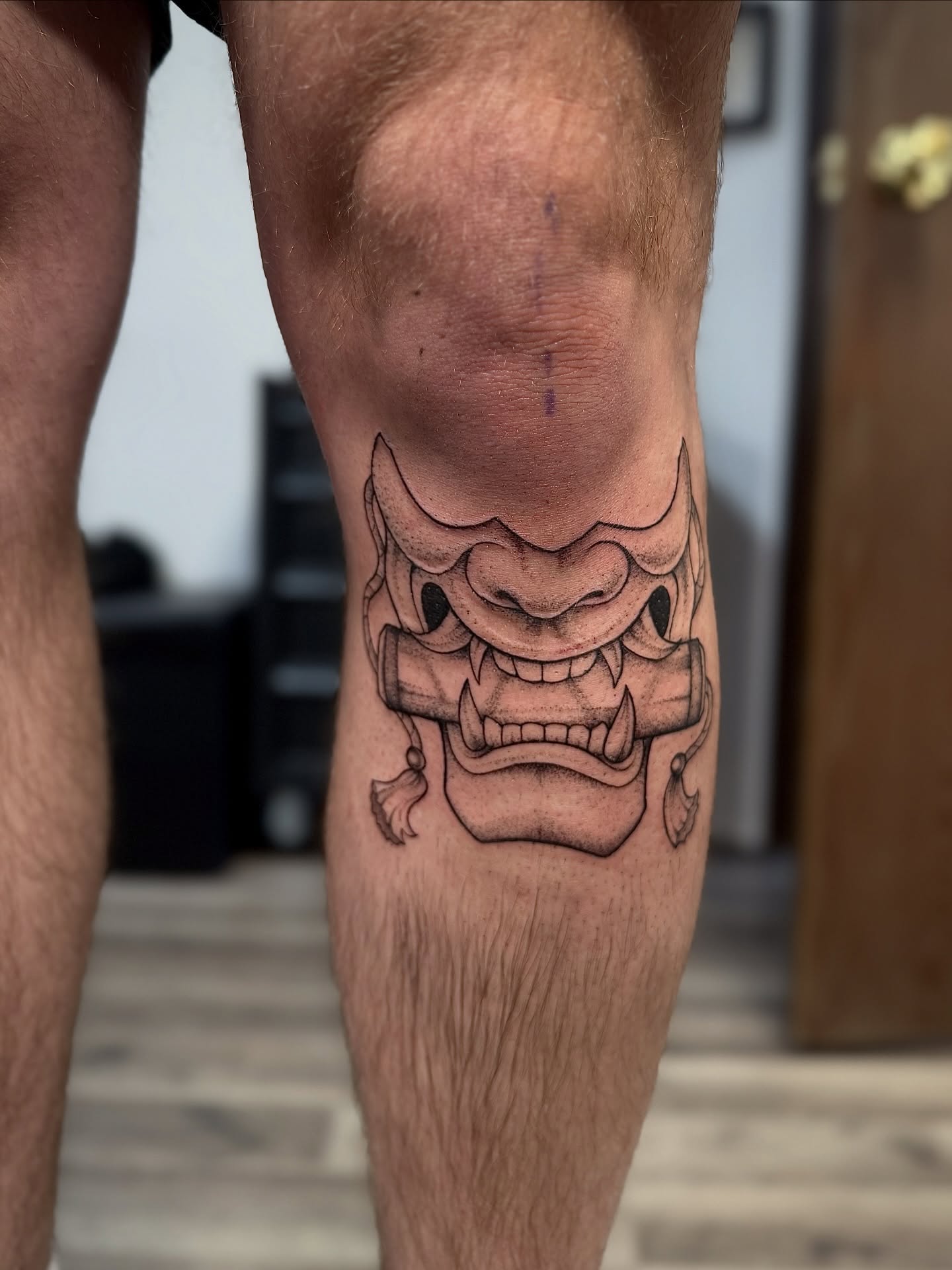 Mask japanese irezumi tattoo on the calf by 𝐀𝐝𝐫𝐢𝐞𝐥 𝐓𝐢𝐧𝐤𝐥𝐞𝐧𝐛𝐞𝐫𝐠 ⏾, Denison, Iowa