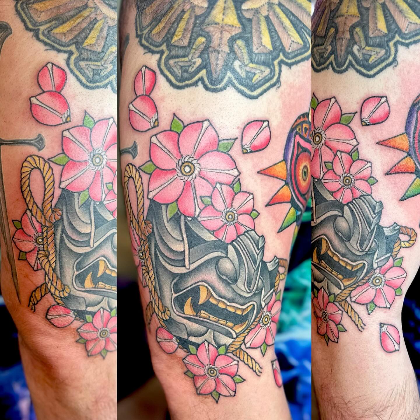 Mask and flowers American traditional tattoo on the forearm by Leeuh Vandever
