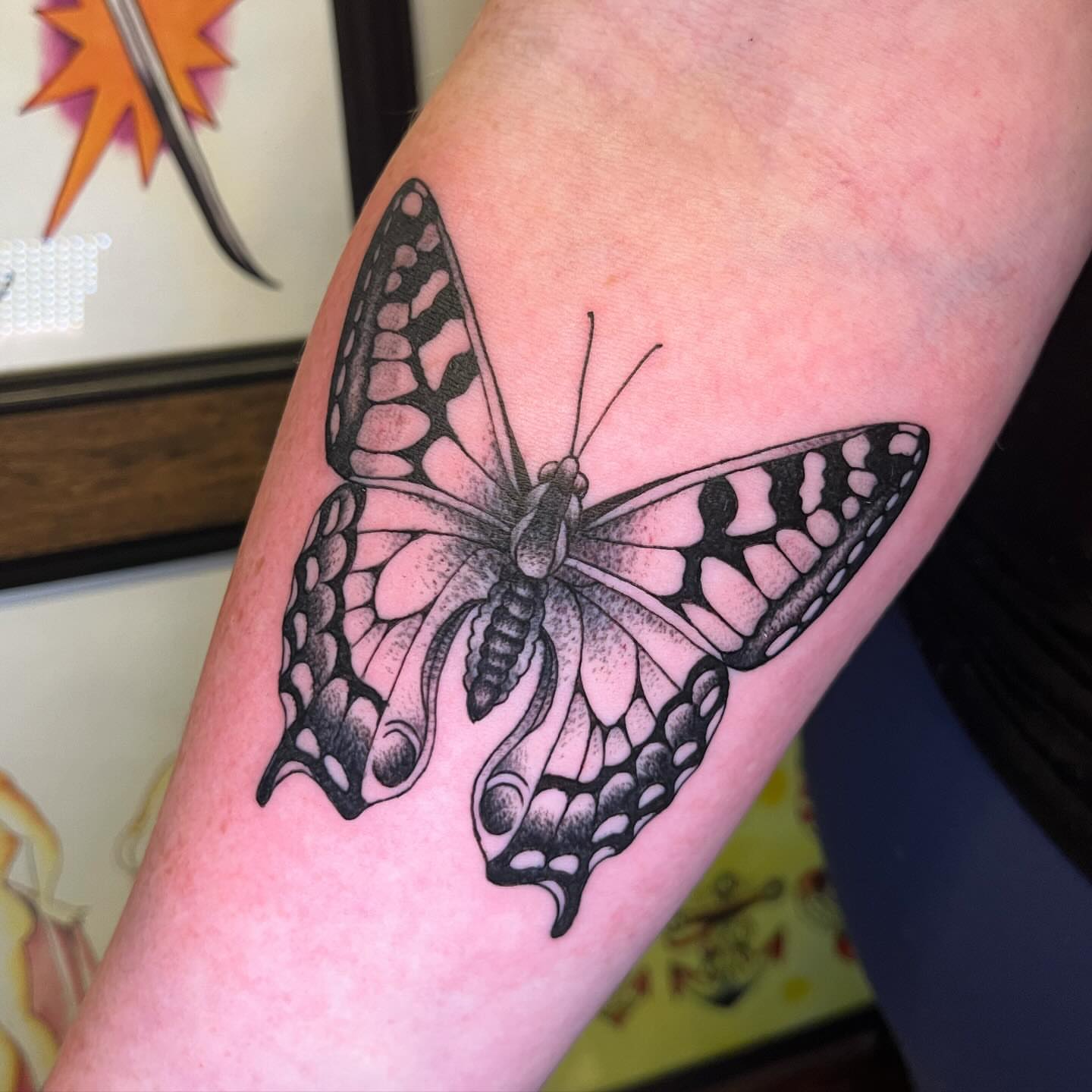 Butterfly black and grey tattoo on the forearm by CJ Ligocki - Ferndale Detroit Michigan Tattoo, Ferndale, Michigan