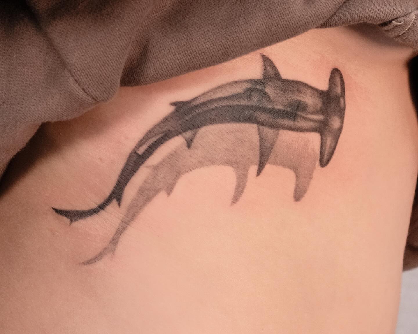 Hammerhead shark black and grey tattoo on the ribs by Koko