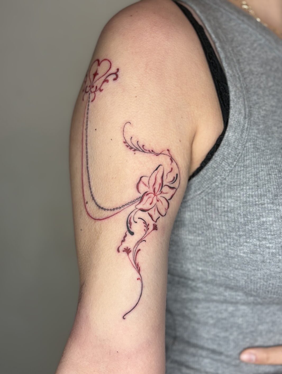 Floral design fine line tattoo on the shoulder by *:・kelly✧*:・゚