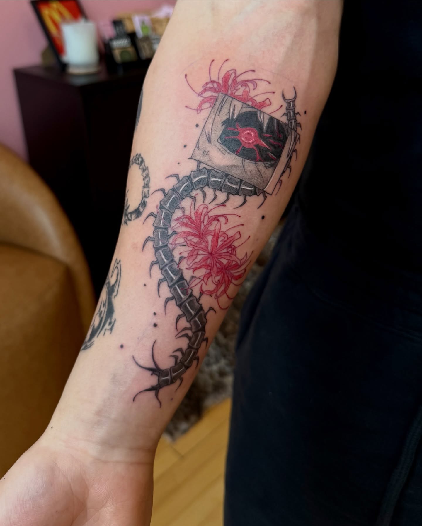 Centipede and flowers geometric tattoo on the forearm by Kelsey Lynn▪️Raleigh Tattoo Artist