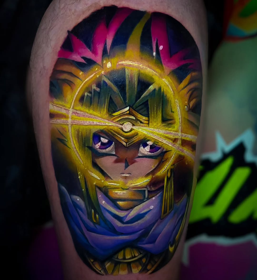 Yami Yugi from Yu-Gi-Oh! anime tattoo on the forearm by Bo