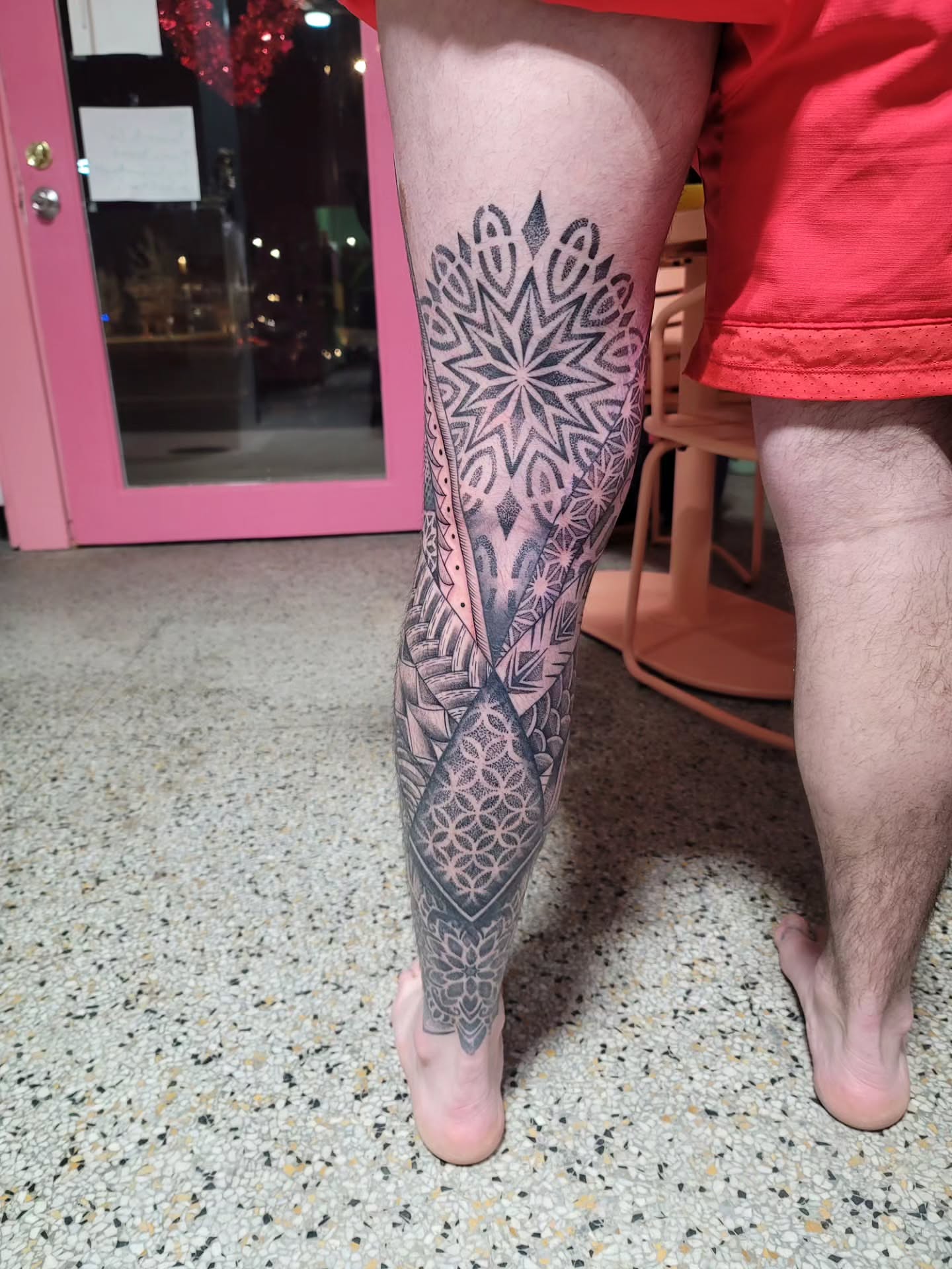 Geometric mandala geometric tattoo on the calf by Mary Lefeau