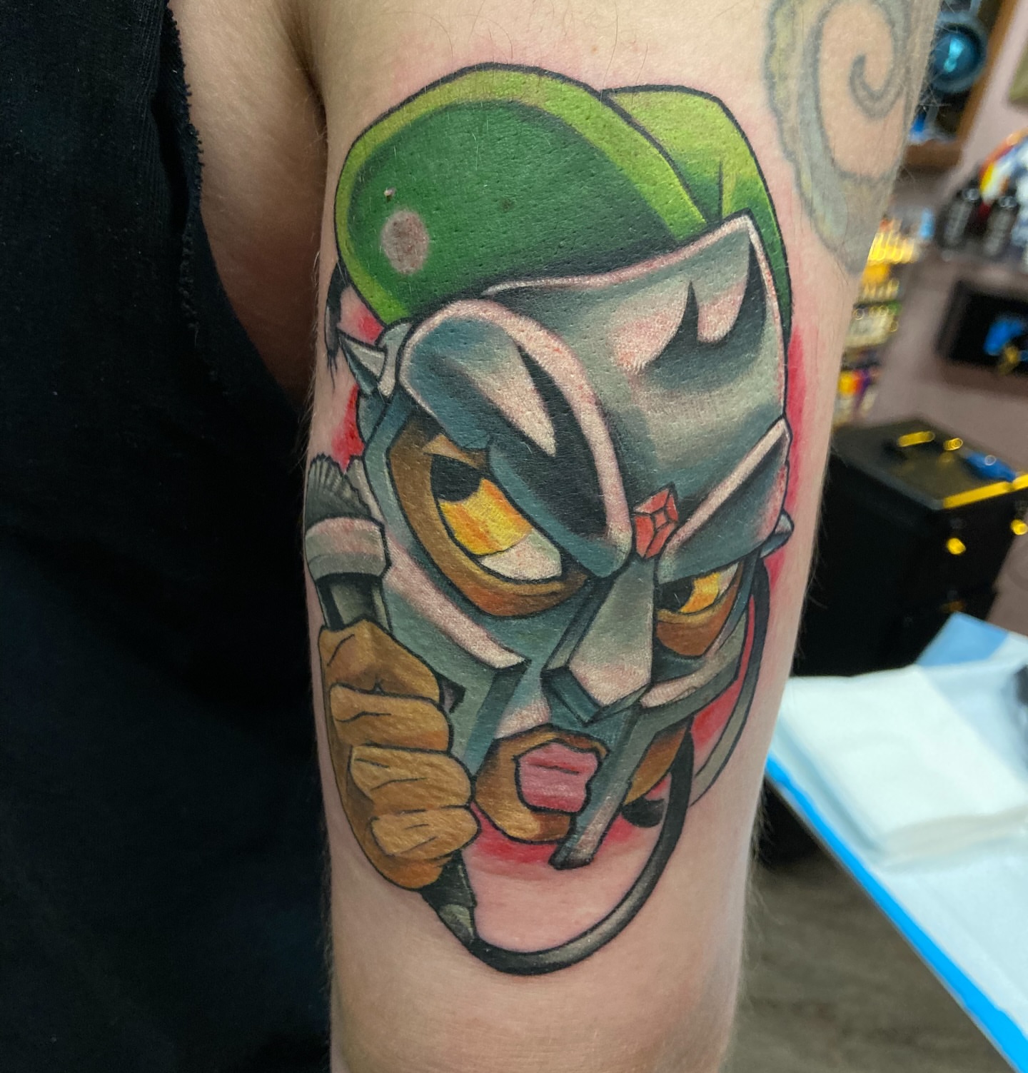 Mecha helmet geometric tattoo on the forearm by Eathan Hale-(East TN) Newschool Tattoo Artist