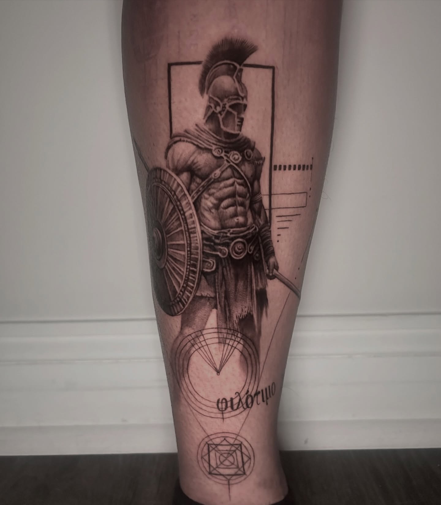 Gladiator realism tattoo on the calf by Jess