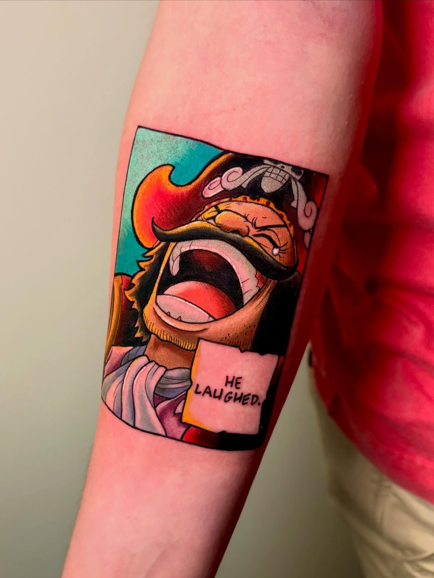 Luffy laughing anime tattoo on the forearm by Jess