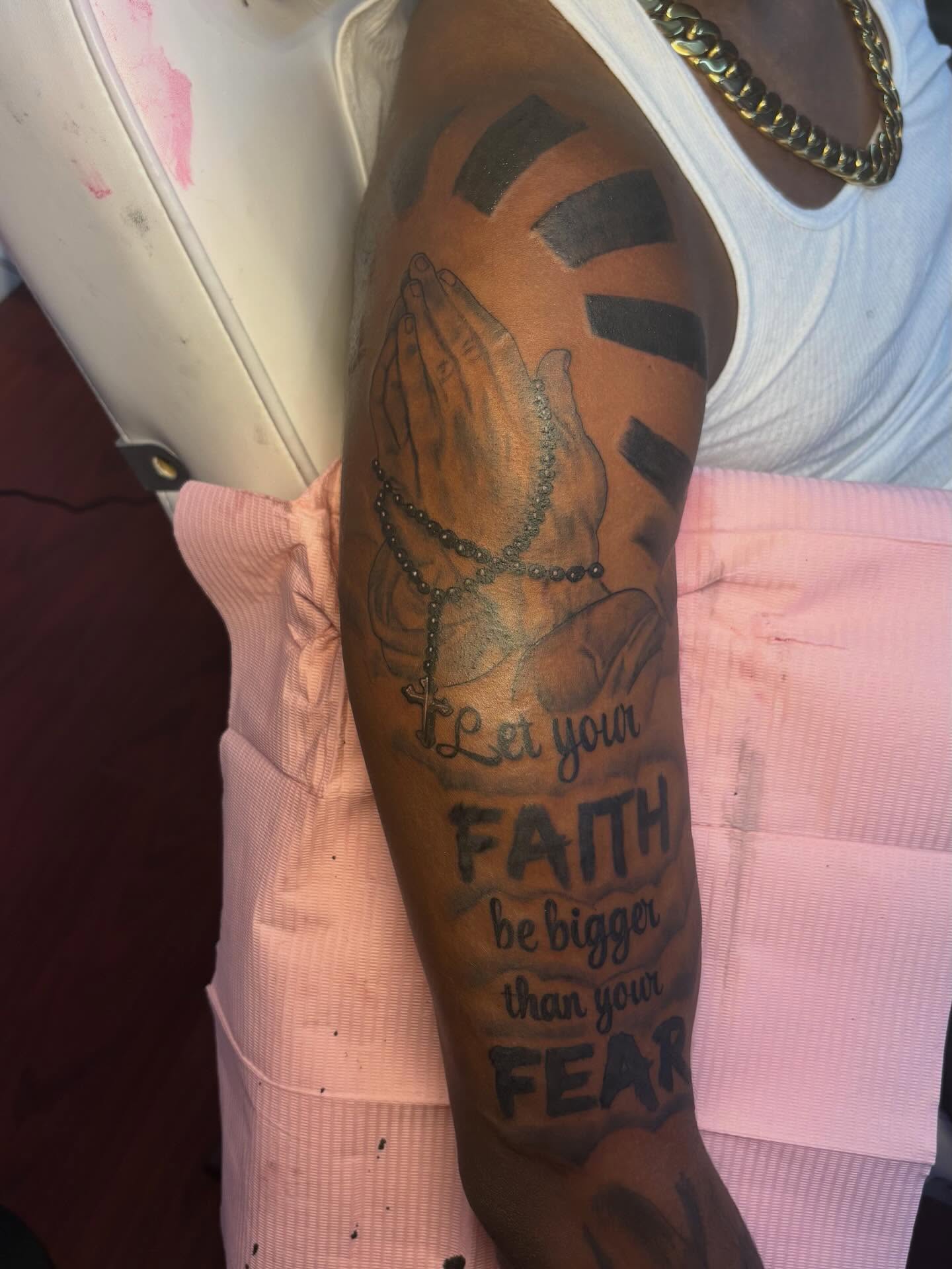 Praying hands with rosary realism tattoo on the forearm by addicted222inkk🎨