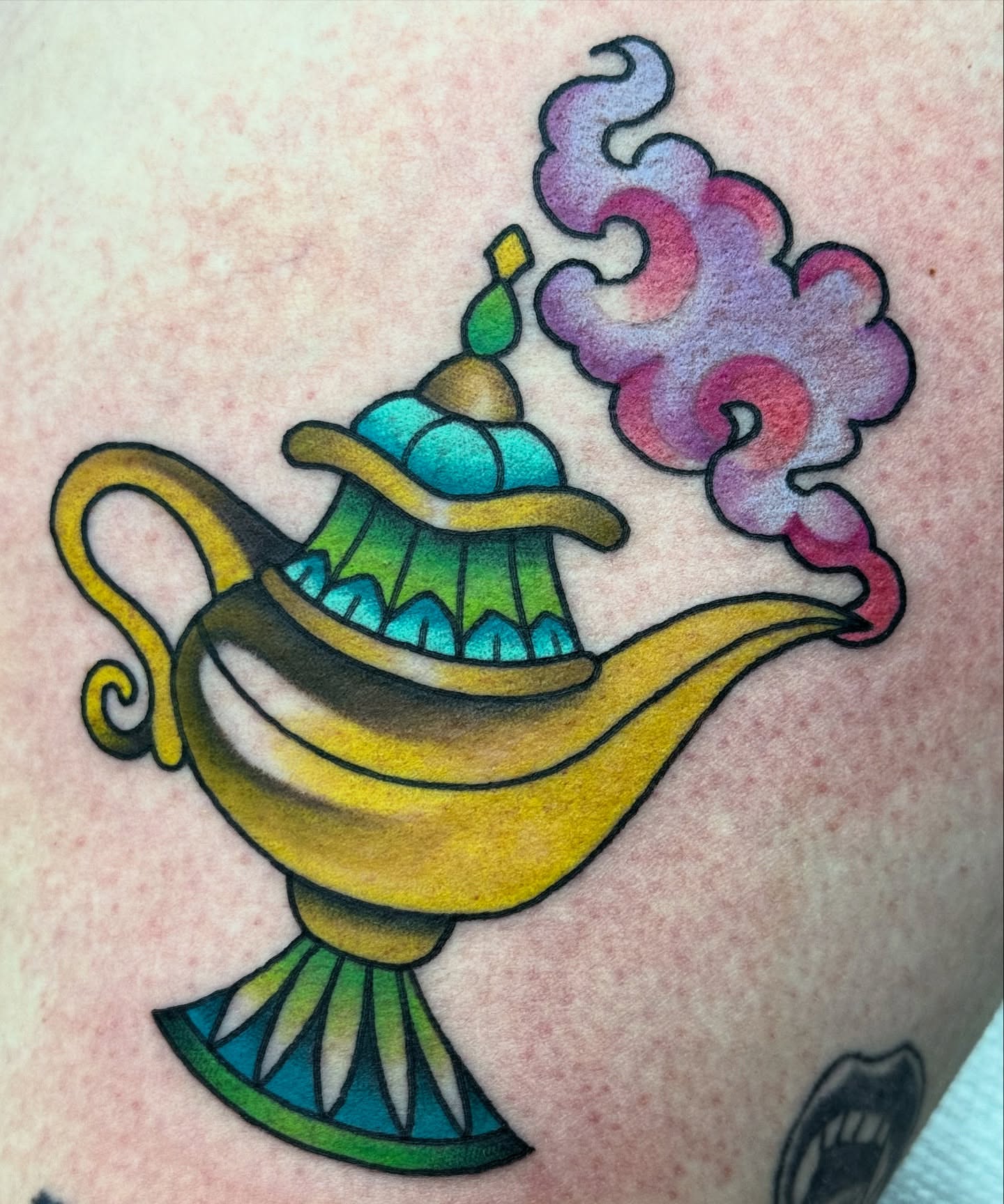 Genie lamp American traditional tattoo on the forearm by Kara Mosqueda