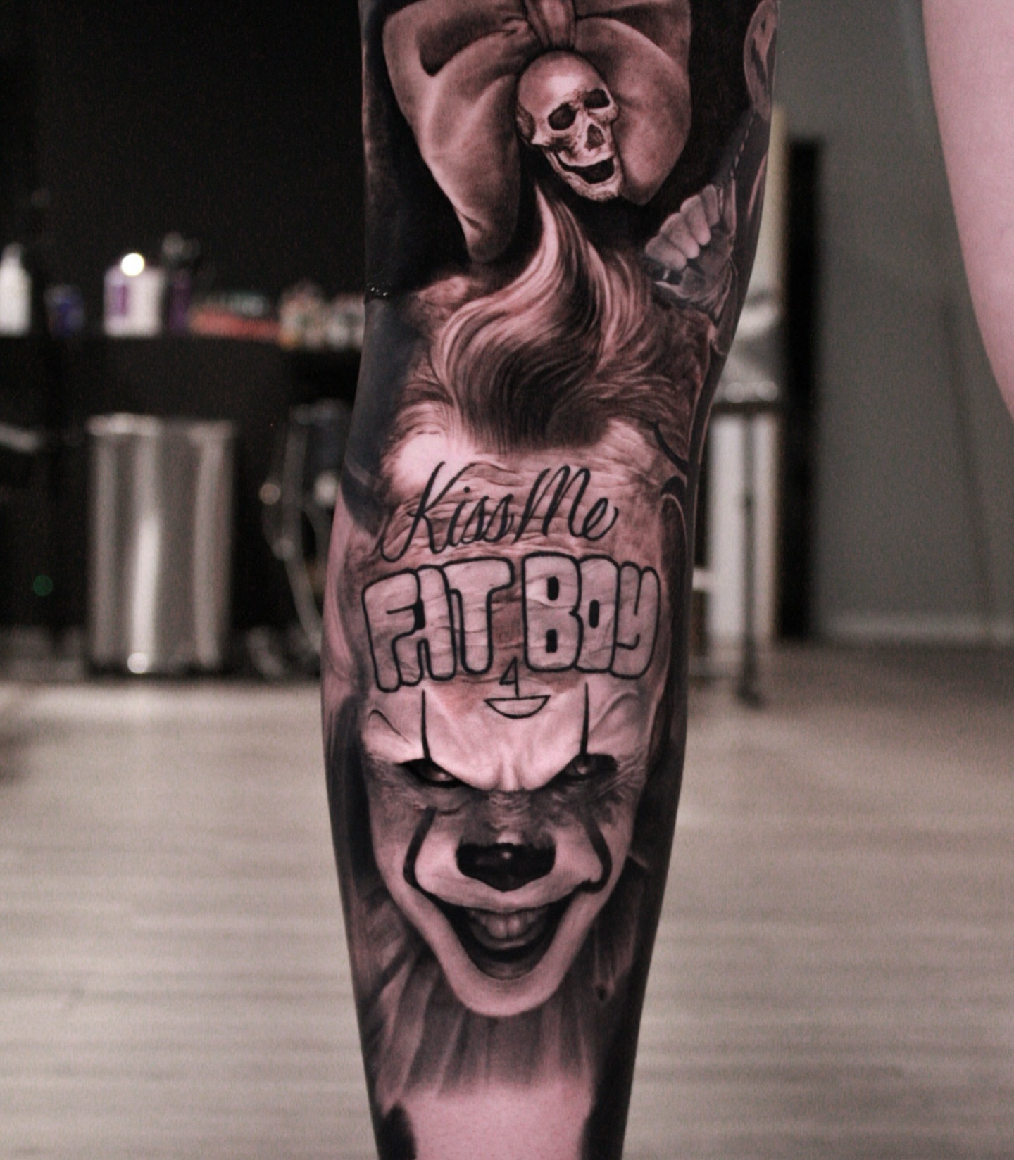 Clown face realism tattoo on the forearm by Kasey Gonzalez, Bel Air, Maryland
