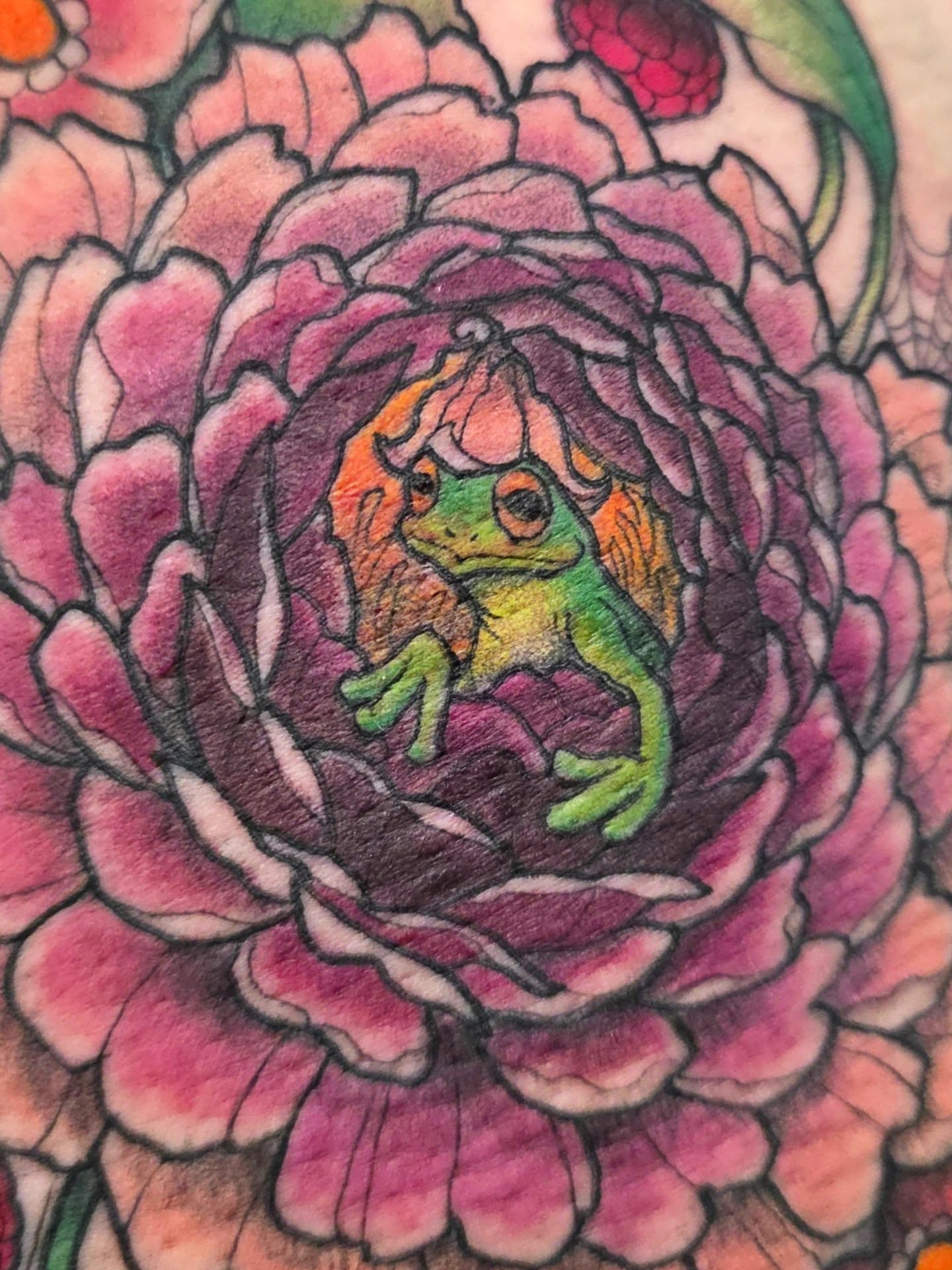 Frog in flower new school tattoo by April High ☆ Tattoo Artist