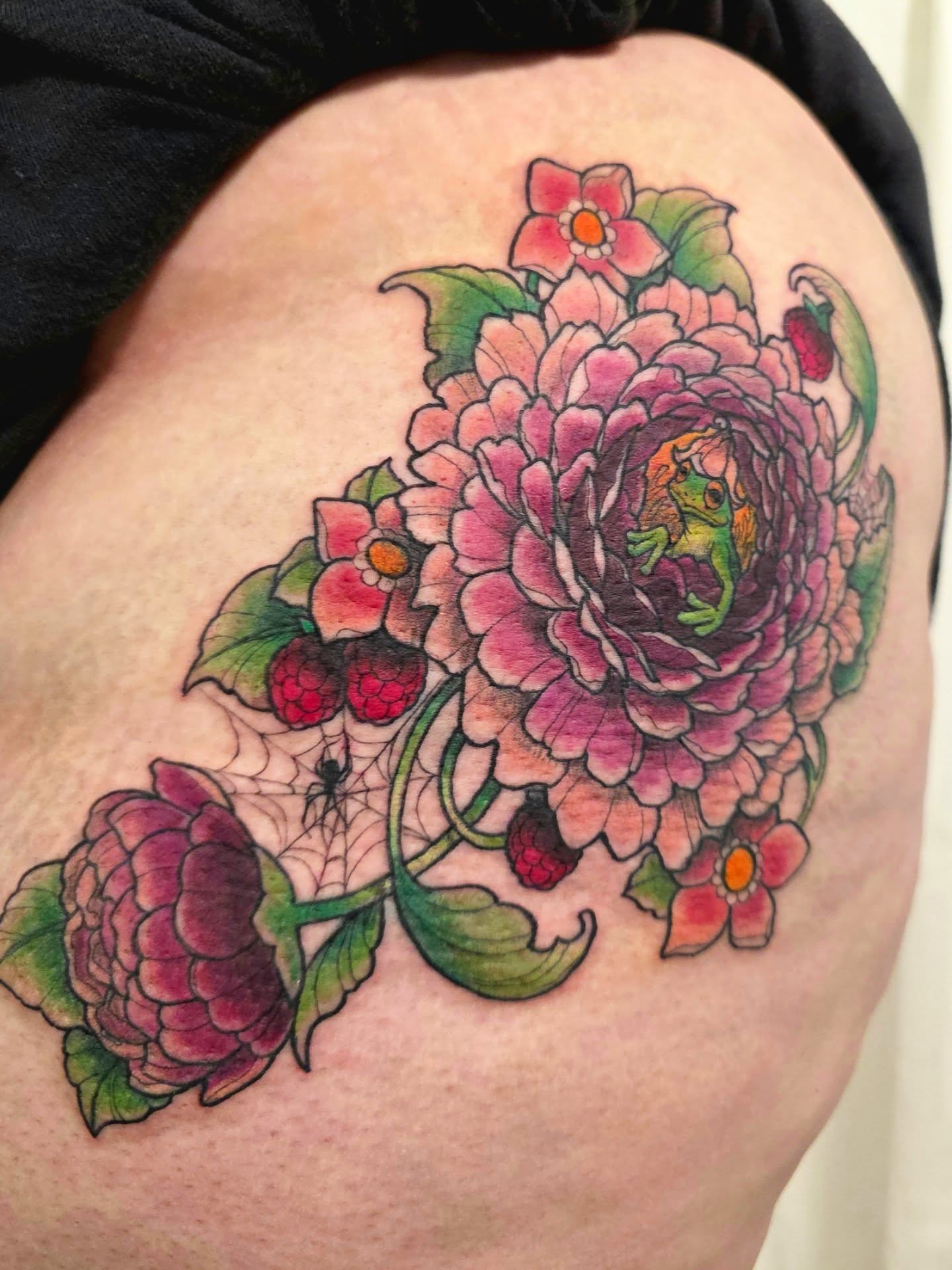 Peony and frog new school tattoo on the thigh by April High ☆ Tattoo Artist