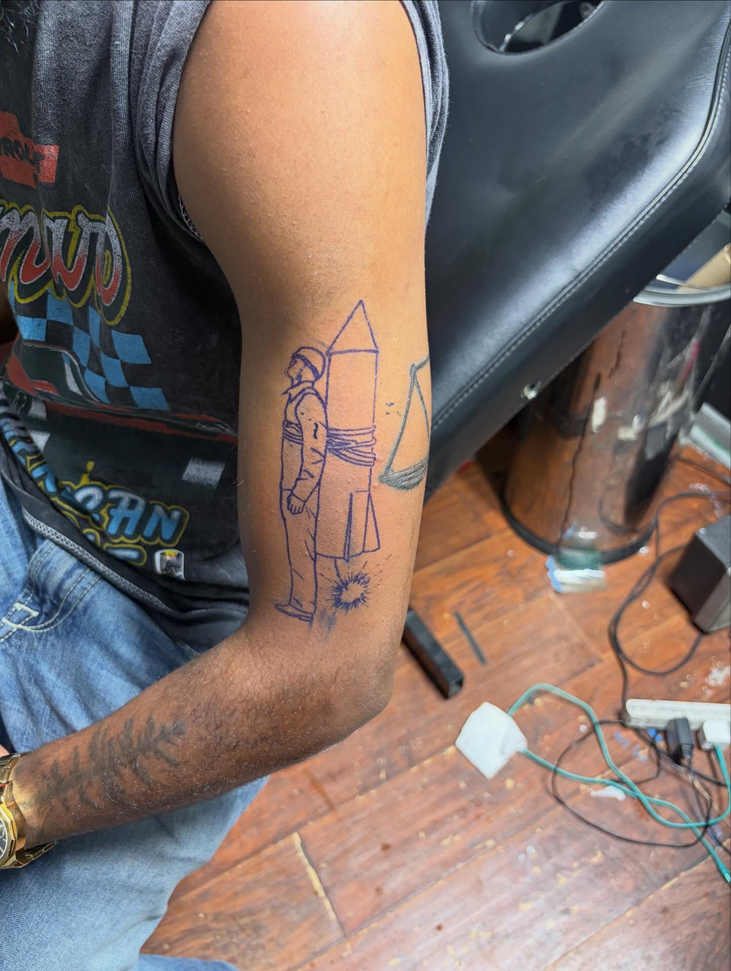 Statue with rocket American traditional tattoo on the forearm by Jae the artist🫡