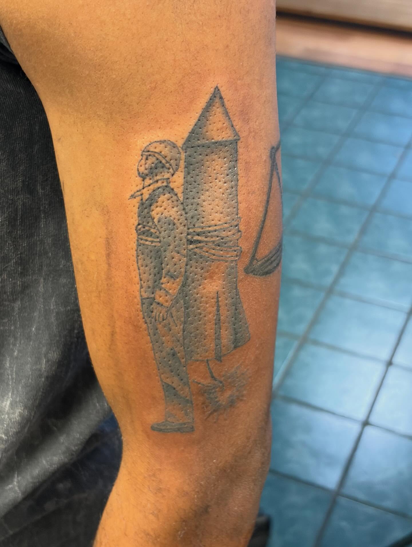Medieval knight dotwork tattoo on the forearm by Jae the artist🫡