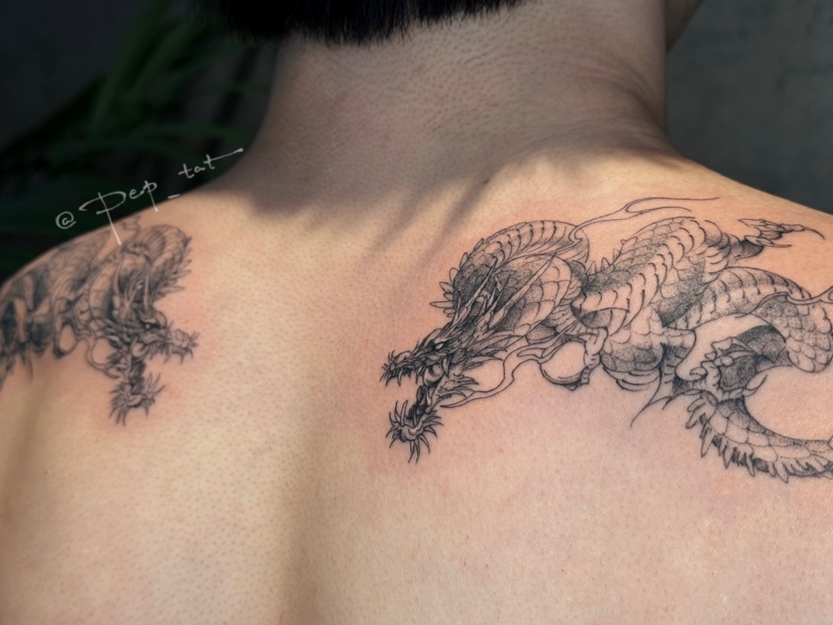 Dragon black and grey tattoo on the back by 𝕁𝕖𝕞, Richmond, British Columbia