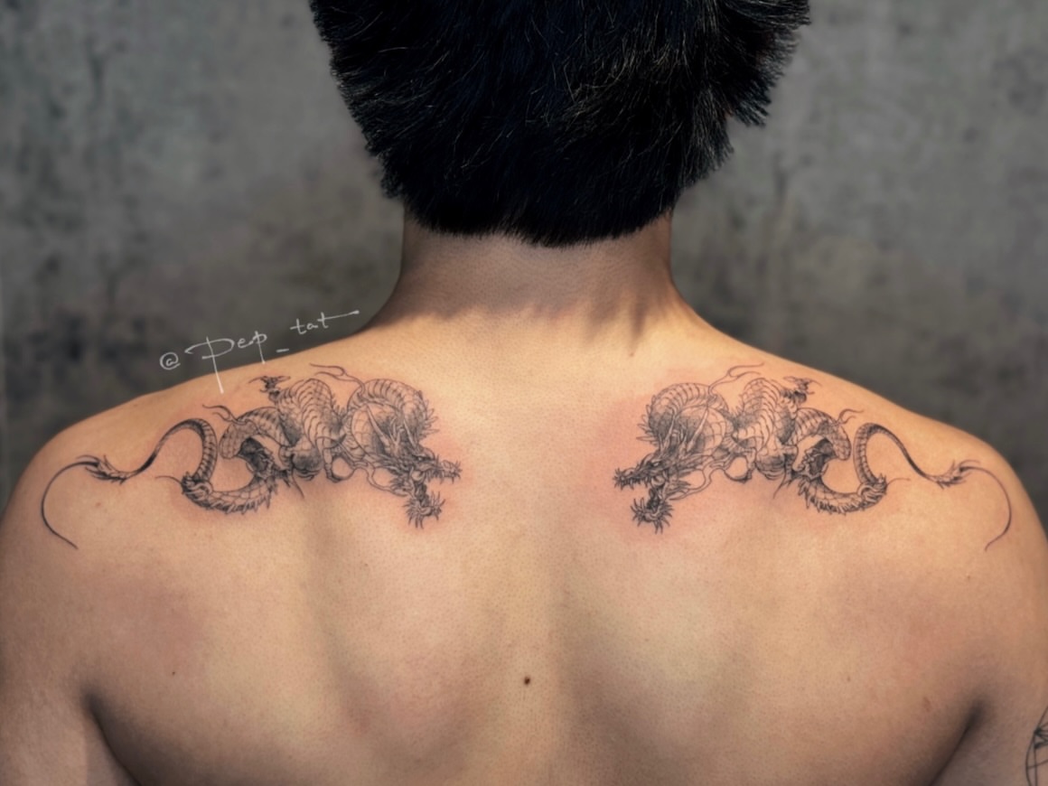 Dragons black and grey tattoo on the back by 𝕁𝕖𝕞, Richmond, British Columbia