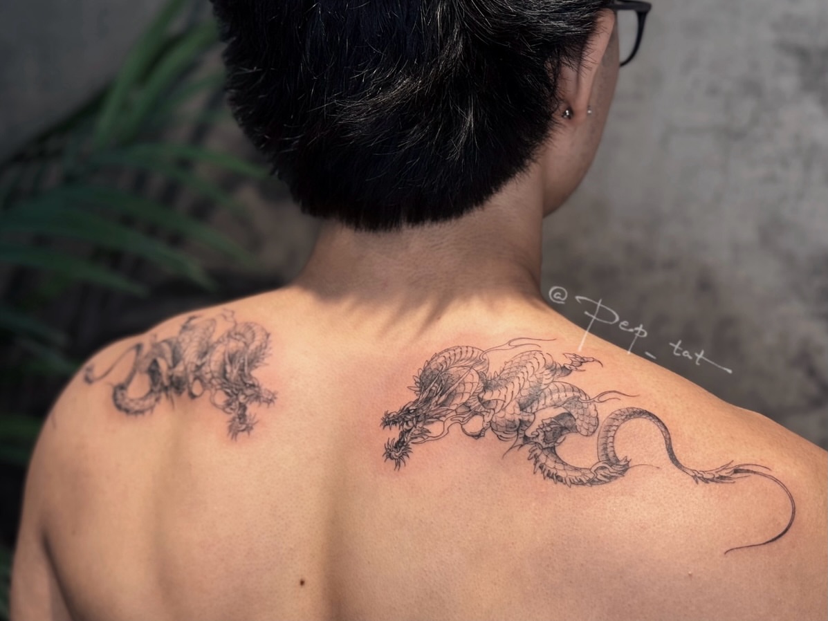 Dragon black and grey tattoo on the back by 𝕁𝕖𝕞, Richmond, British Columbia