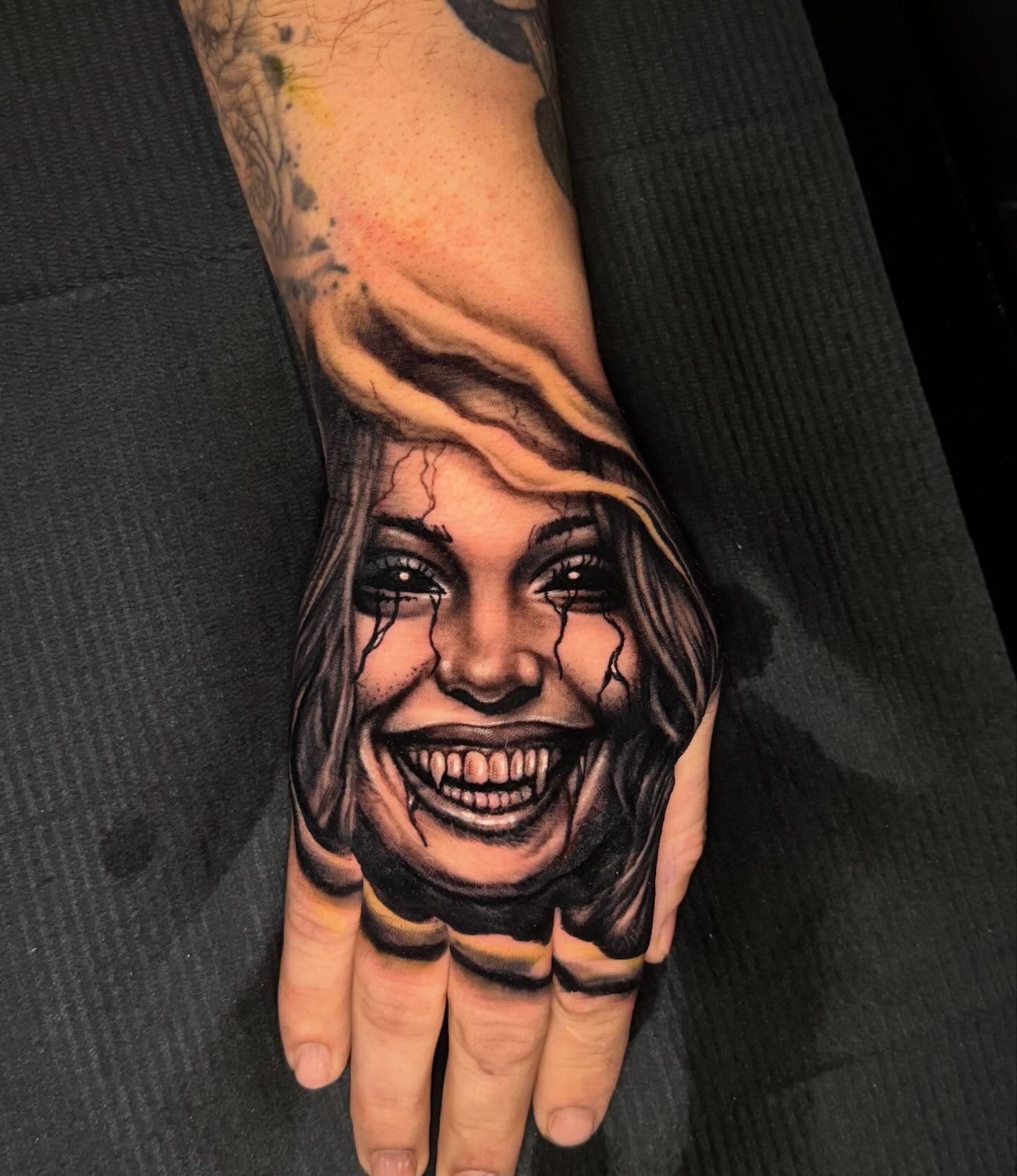 Woman's face realism tattoo on the hand by 🔥Austin Burke 🔥TATTOO ARTIST