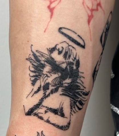 Angel black and grey tattoo on the forearm by Tomato