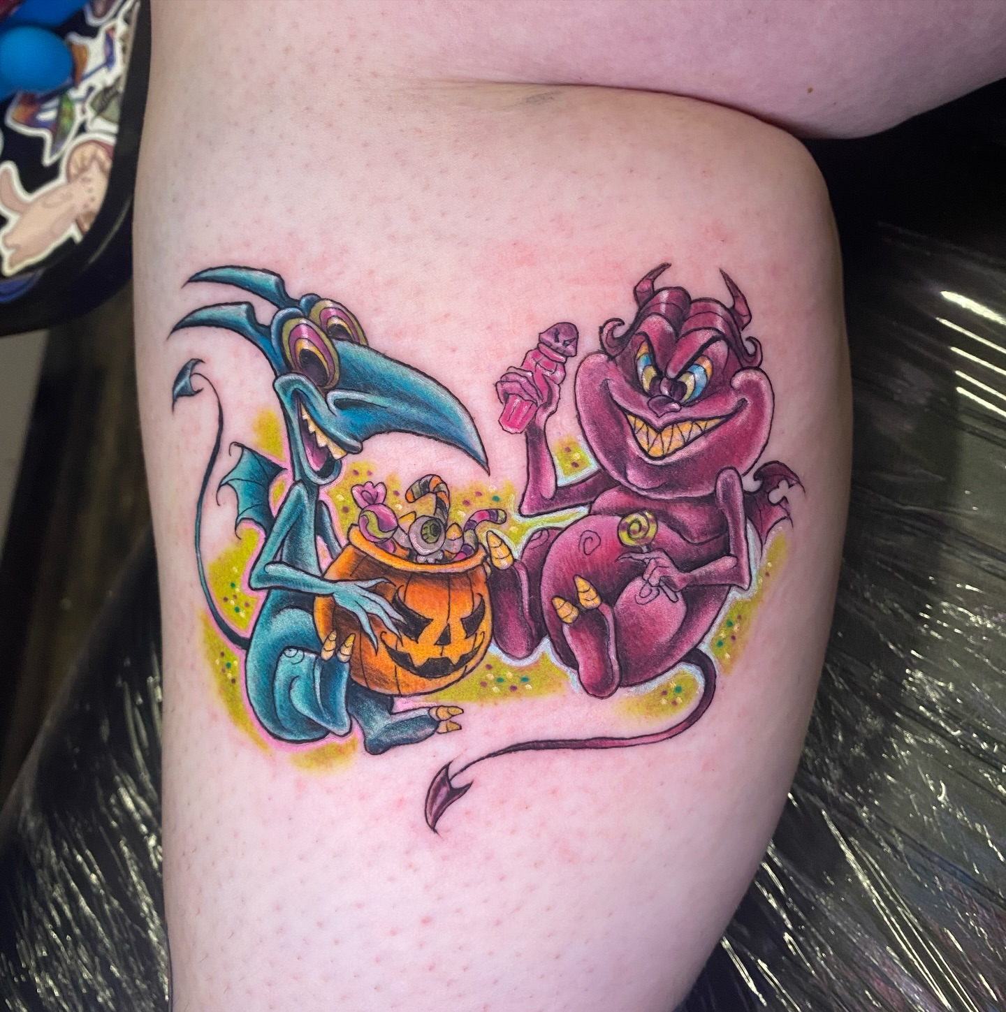 Halloween characters dotwork tattoo on the thigh by Brittany Whitaker
