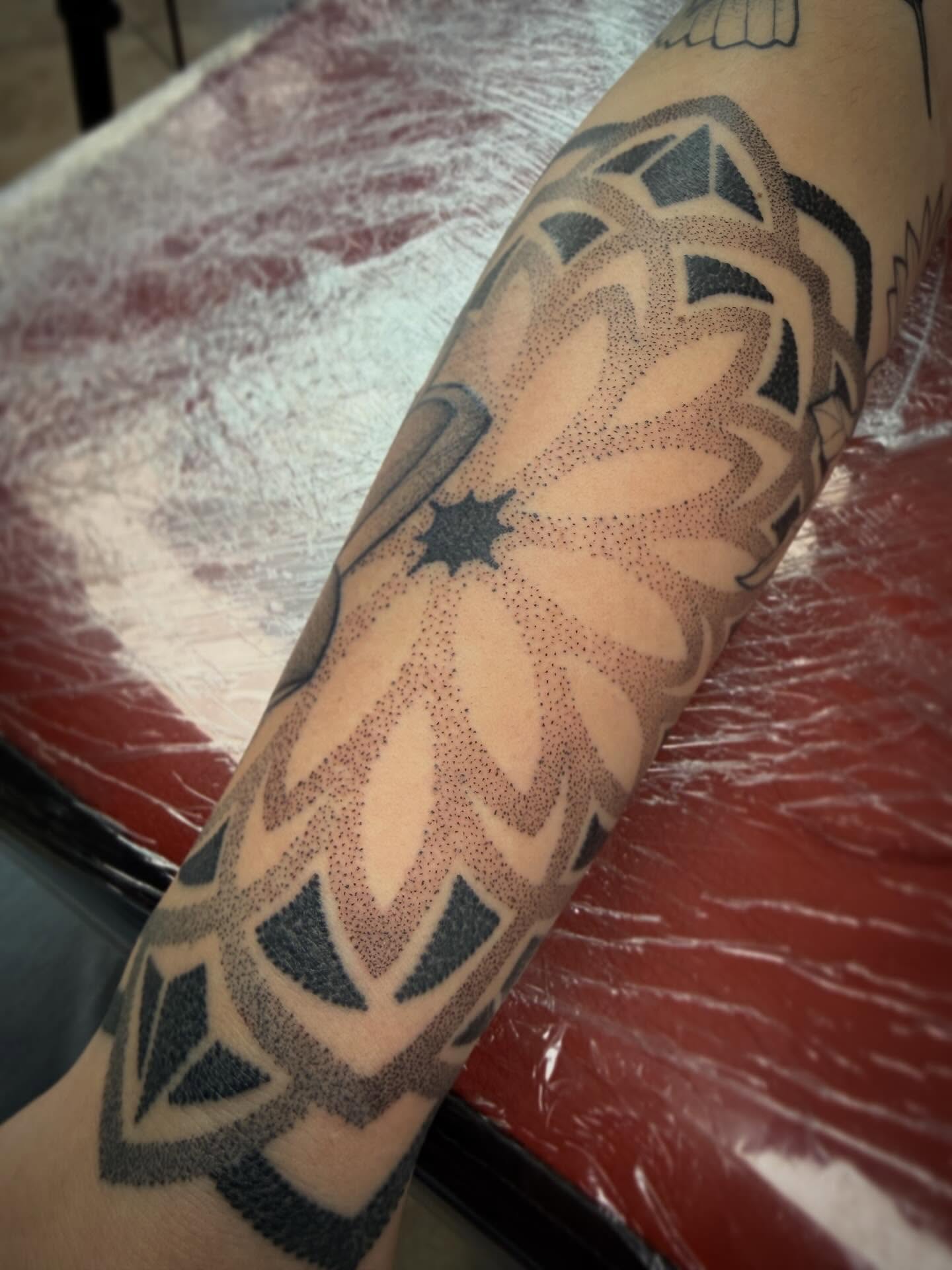 Geometric pattern dotwork tattoo on the forearm by ☠Tanner Peterson☠, Knoxville, Iowa
