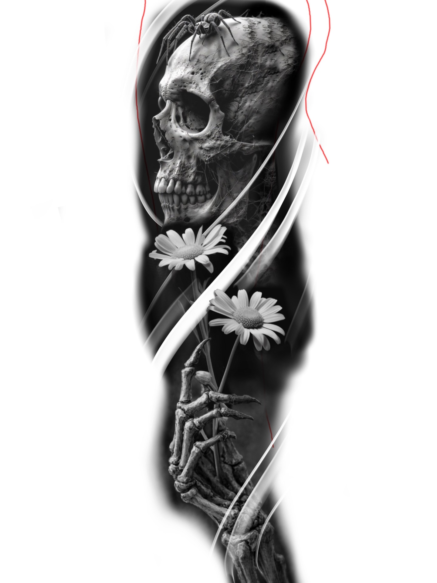 Skull and daisies realism tattoo on the forearm by Elizabeth’s Eclectic Tattoos