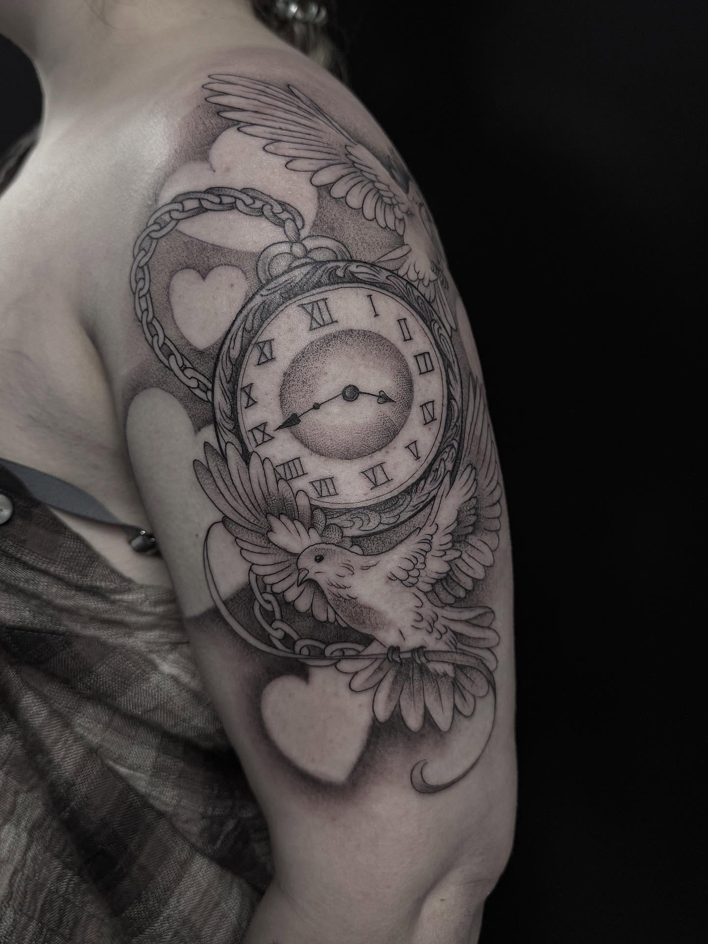 Clock with birds dotwork tattoo on the shoulder by Bethbeforedishonor, Rochester, New York